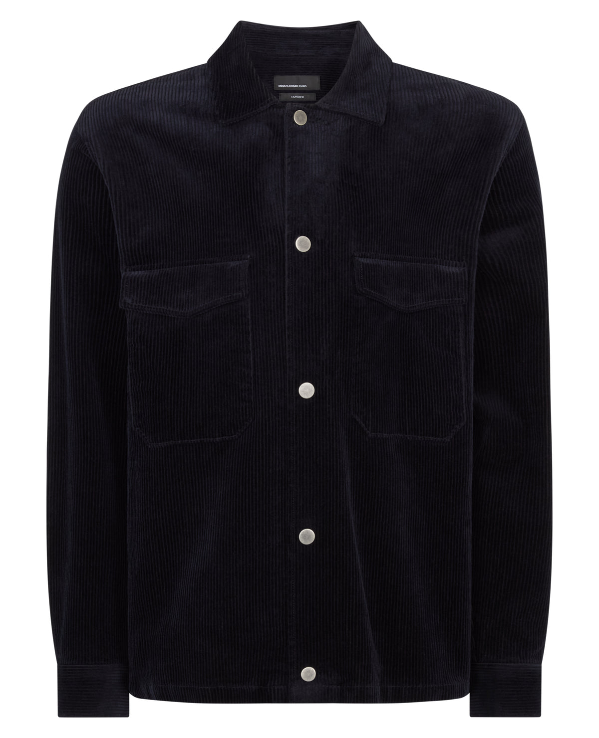 Man wearing a navy Tapered Fit Corduroy Overshirt