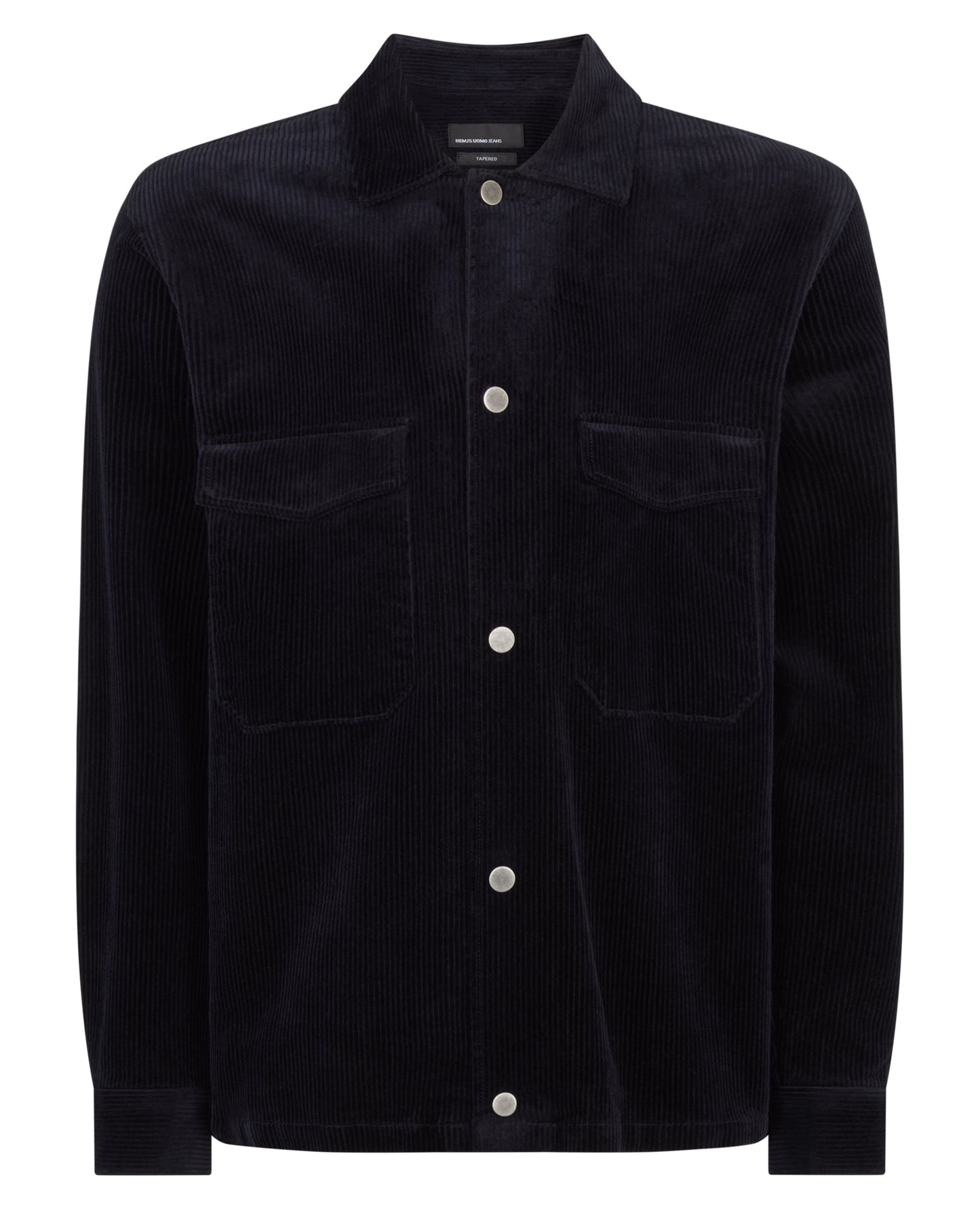 Man wearing a navy Tapered Fit Corduroy Overshirt