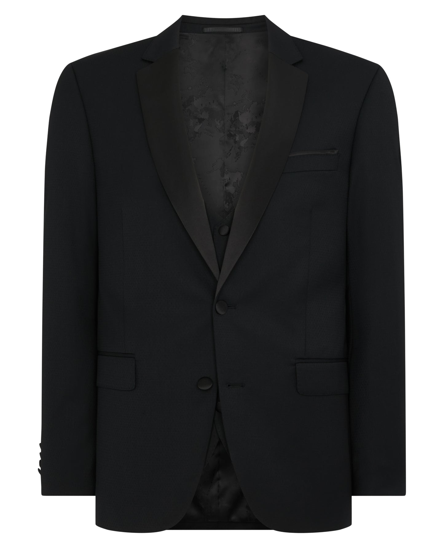 Man wearing a black Tapered Wool-Rich Mix and Match Suit
