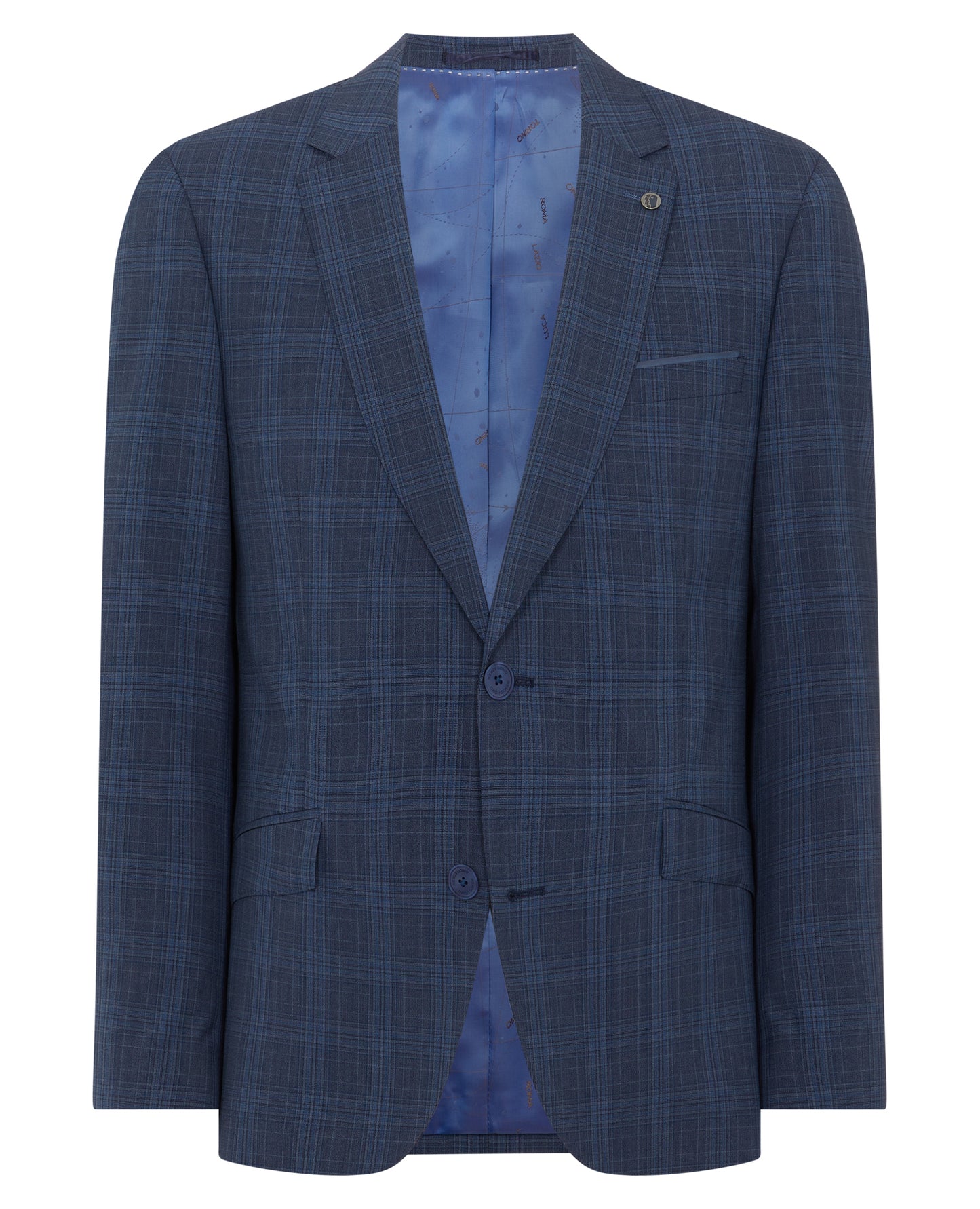 Man wearing a blue Tapered Fit Checked Wool Blend Mix and Match Suit