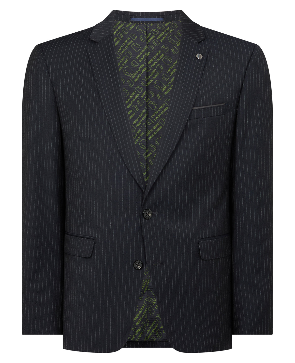 Man wearing a navy Slim Fit Pinstripe Wool Rich Suit