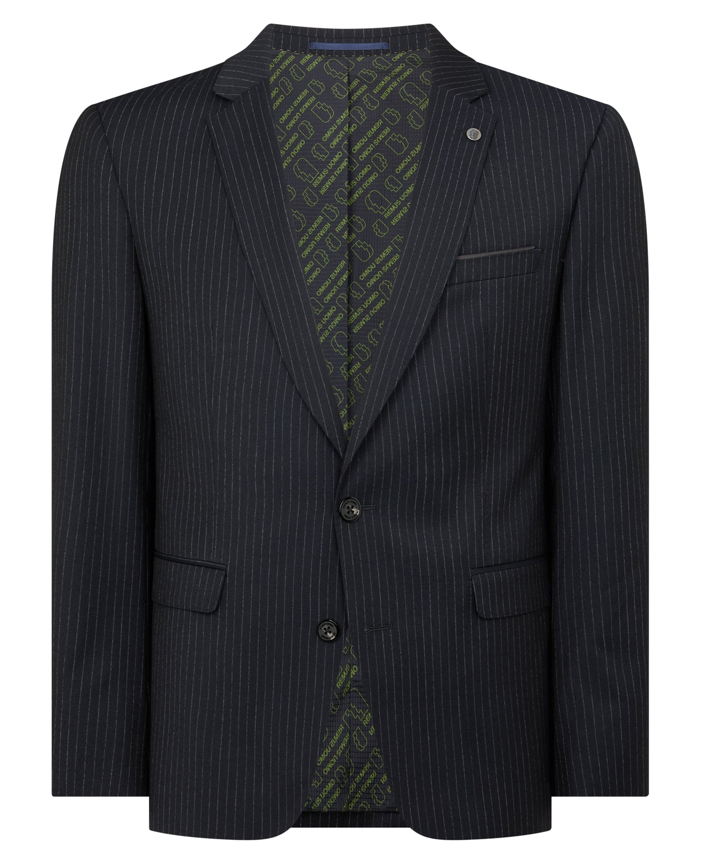 Man wearing a navy Slim Fit Pinstripe Wool Rich Suit