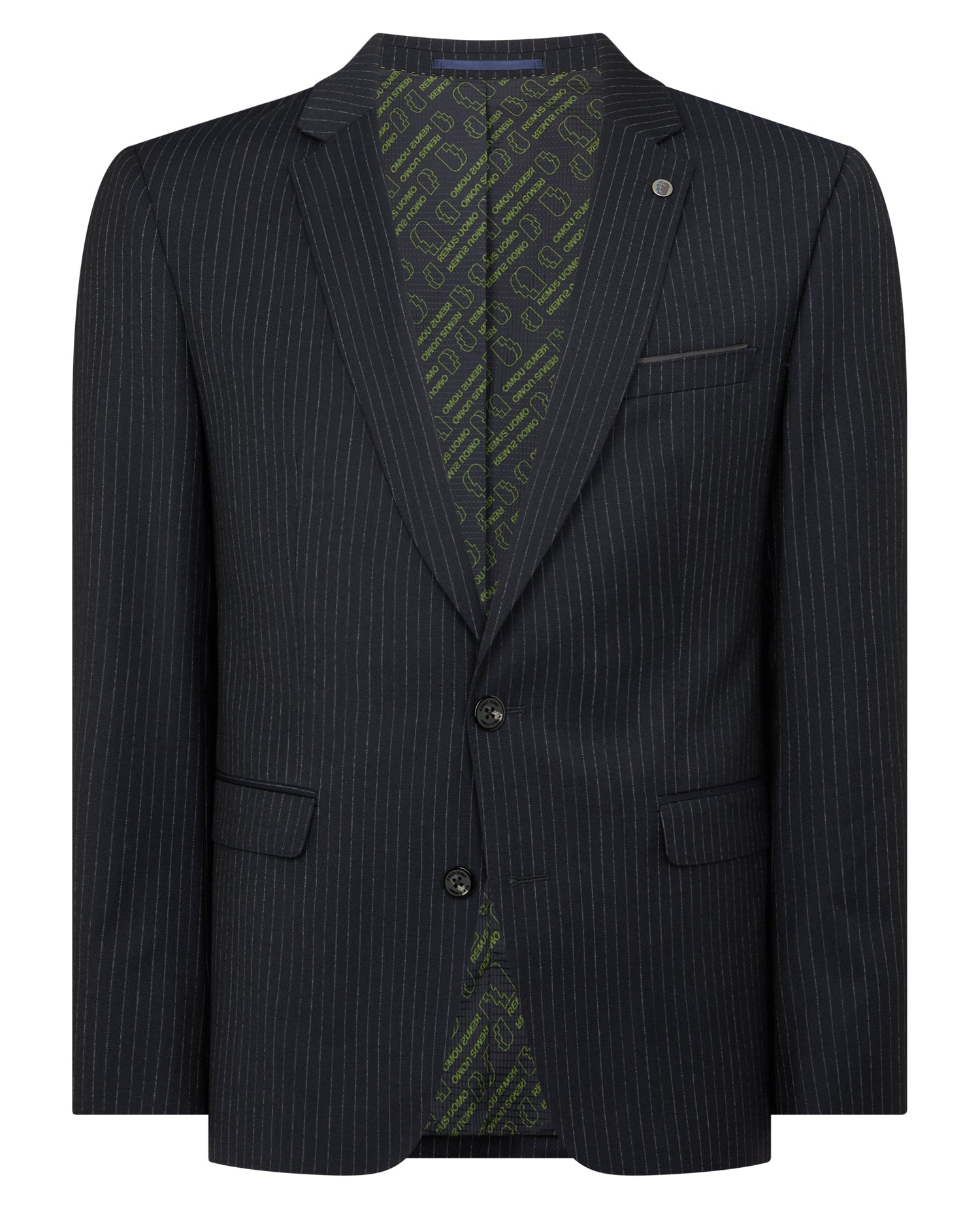 Man wearing a navy Slim Fit Pinstripe Wool Rich Suit