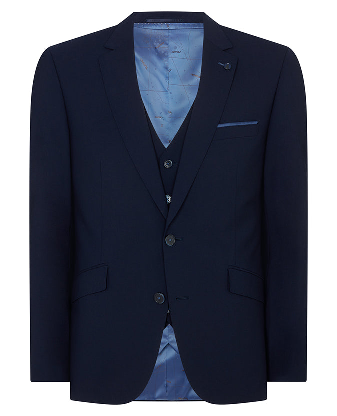 Man wearing a navy Tapered Fit Wool-Rich Stretch Mix and Match
