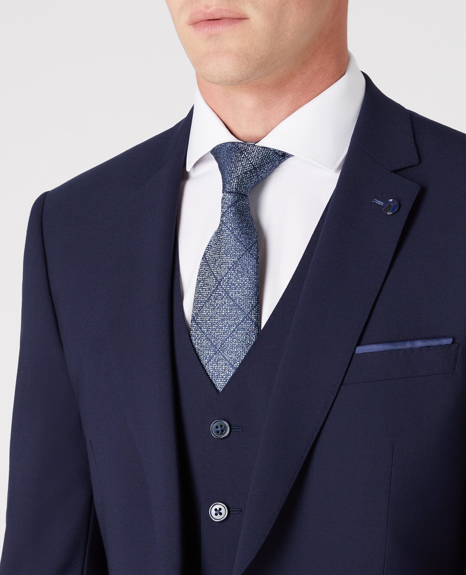 Man wearing a navy Tapered Fit Wool-Rich Stretch Mix and Match