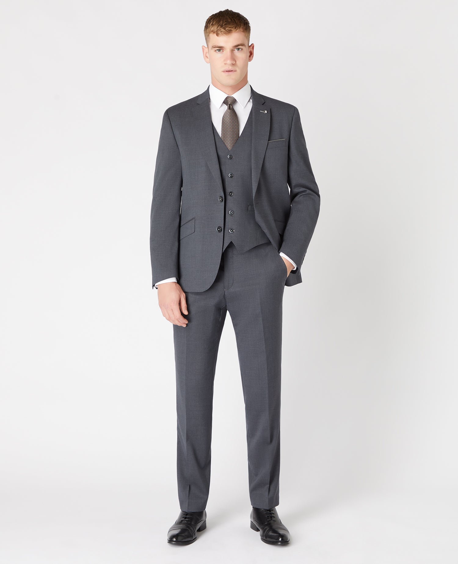 Man wearing a grey Tapered Fit Wool-Blend Stretch Mix and Match Waistcoat