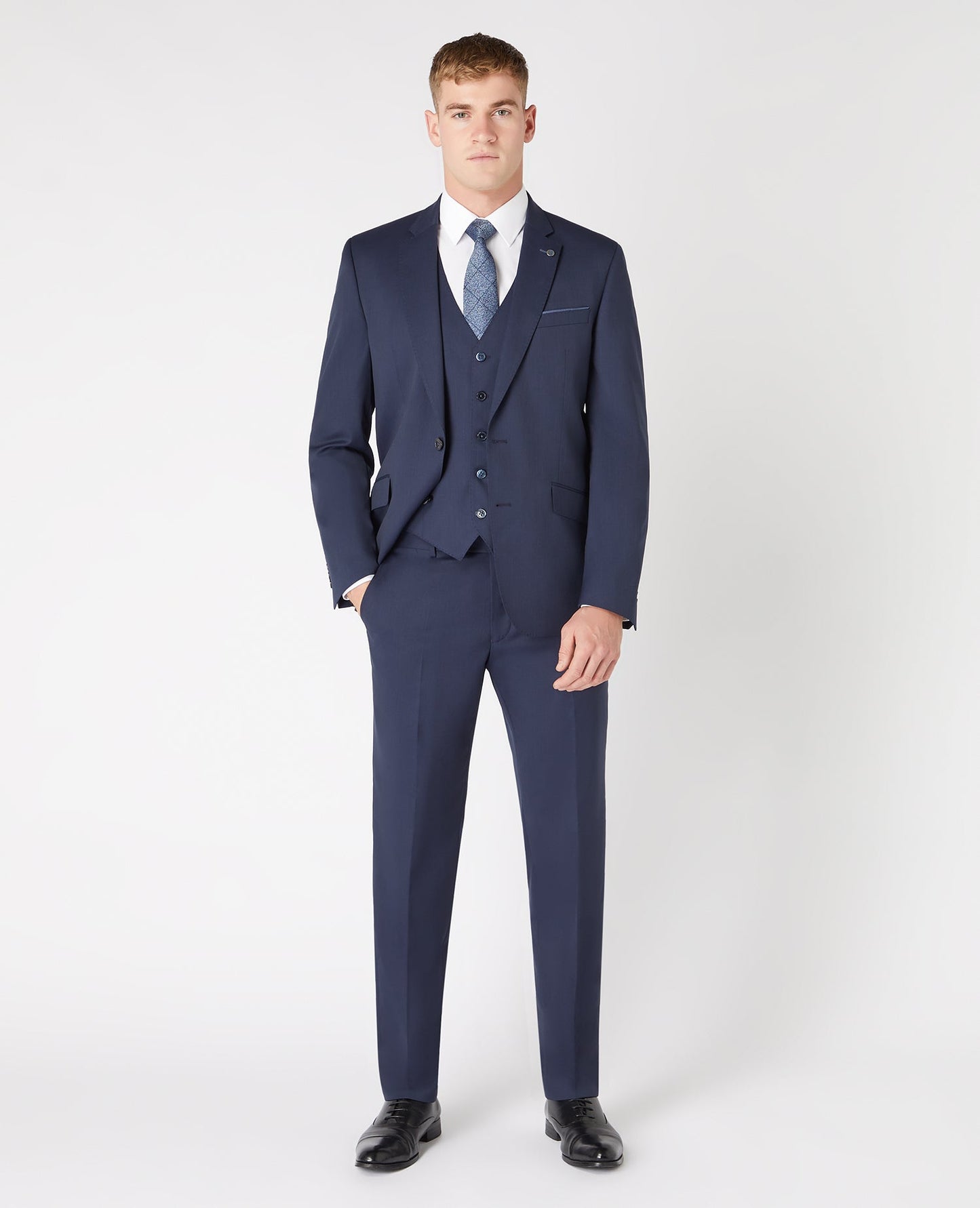 Man wearing a navy Tapered Fit Wool-Blend Stretch Mix and Match Waistcoat