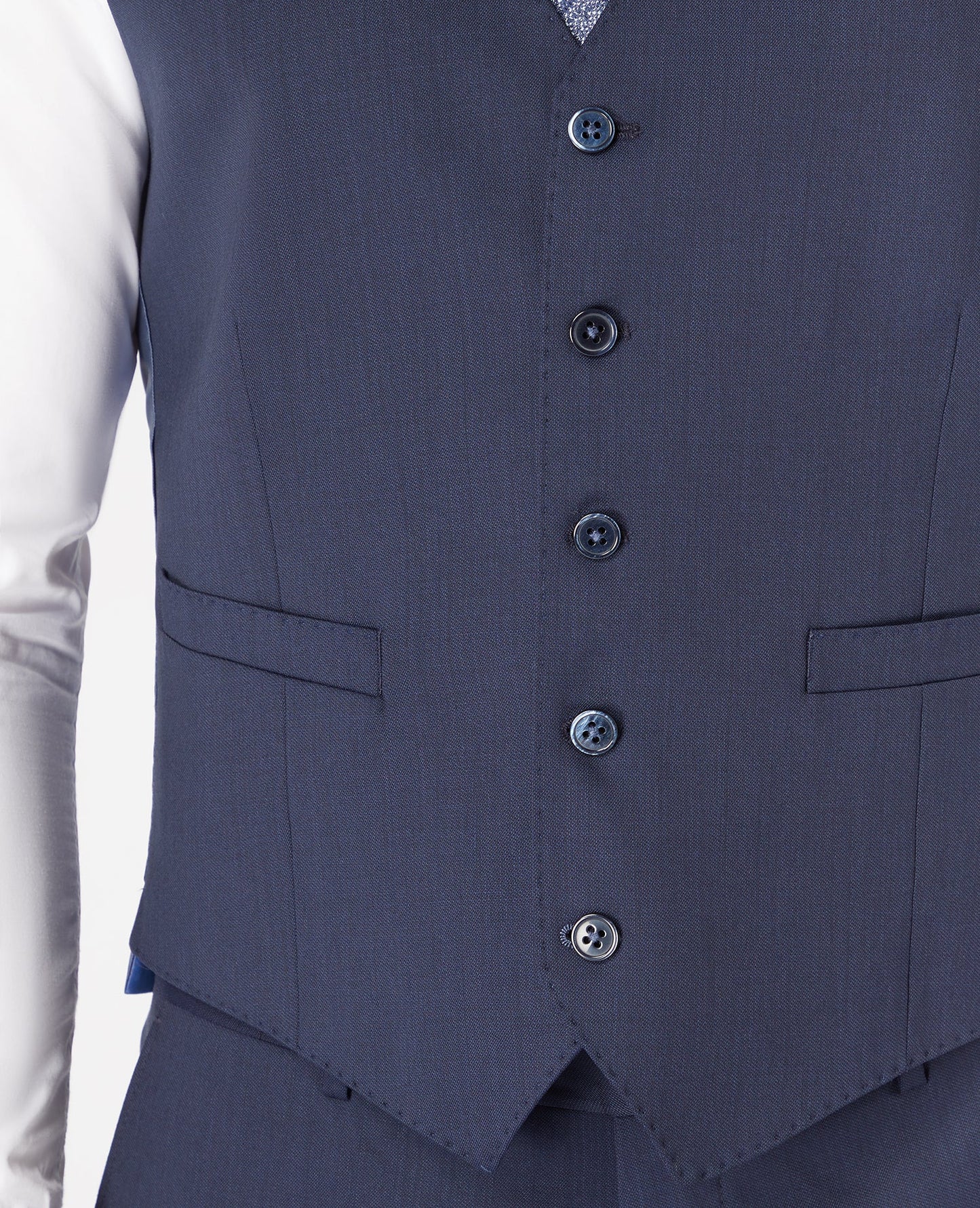 Man wearing a navy Tapered Fit Wool-Blend Stretch Mix and Match Waistcoat