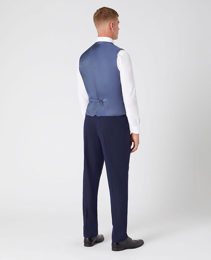 Man wearing a navy Tapered Fit Stretch Waistcoat