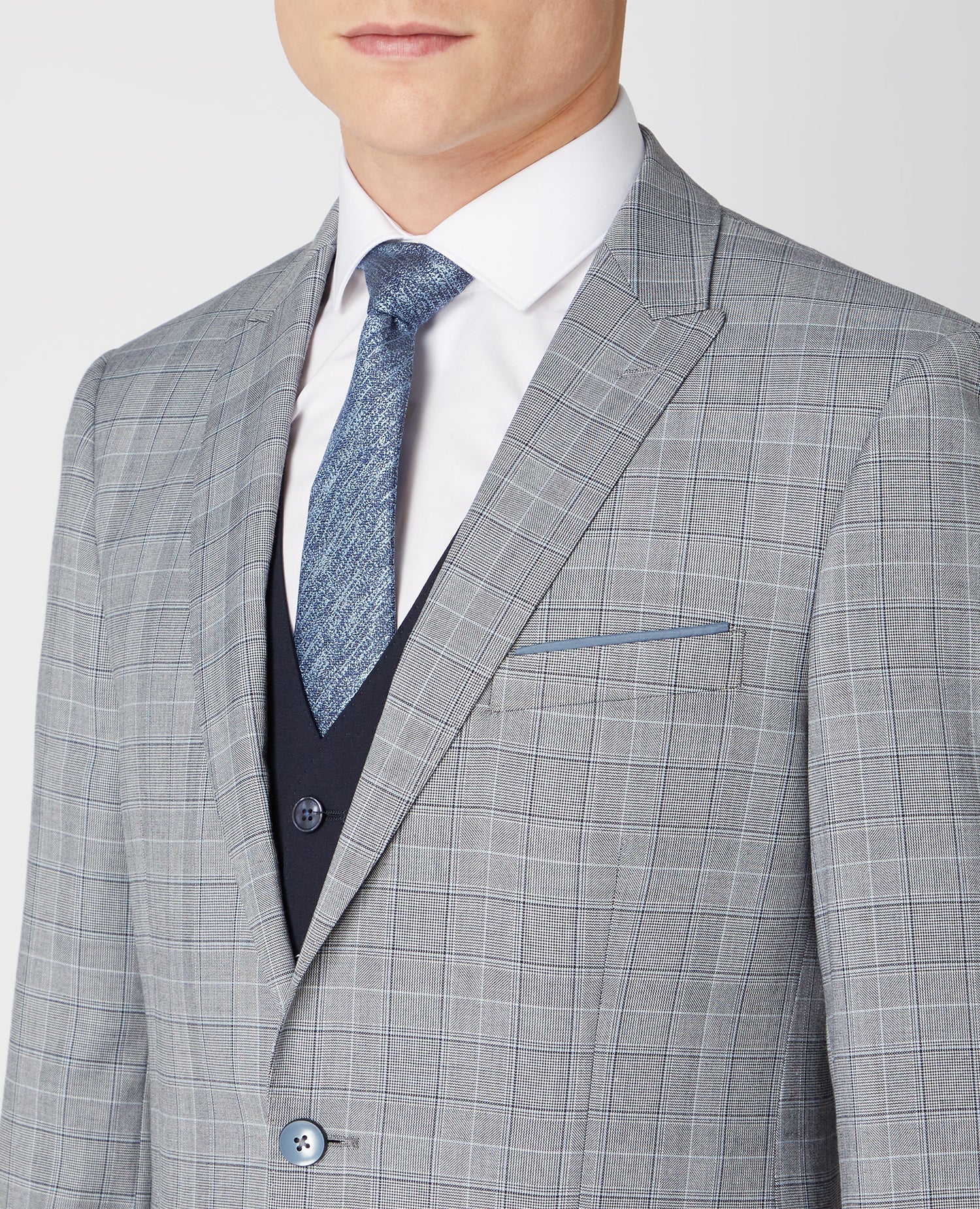 Man wearing a navy Tapered Fit Stretch Waistcoat