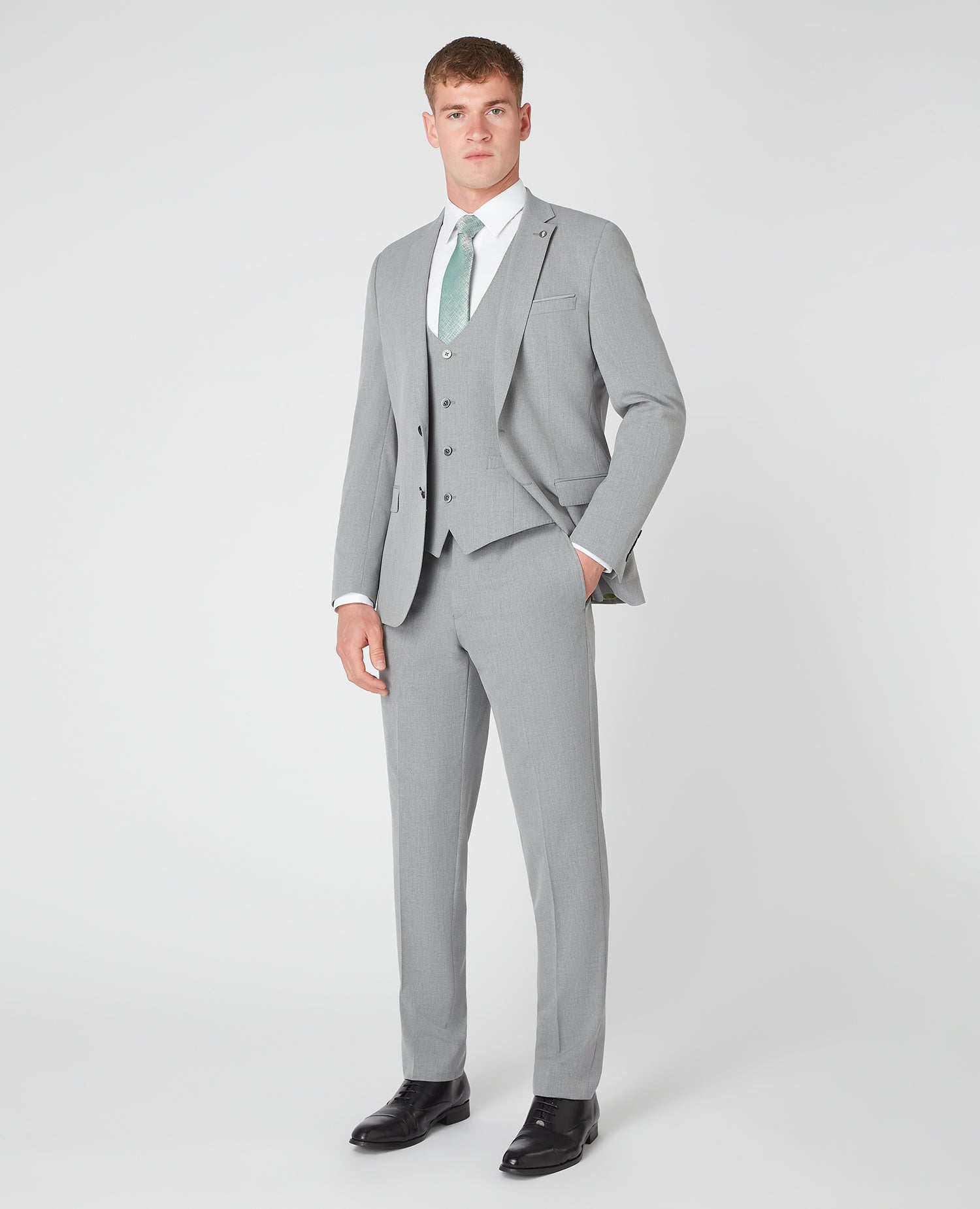 Man wearing a grey Slim Fit Stretch Waistcoat