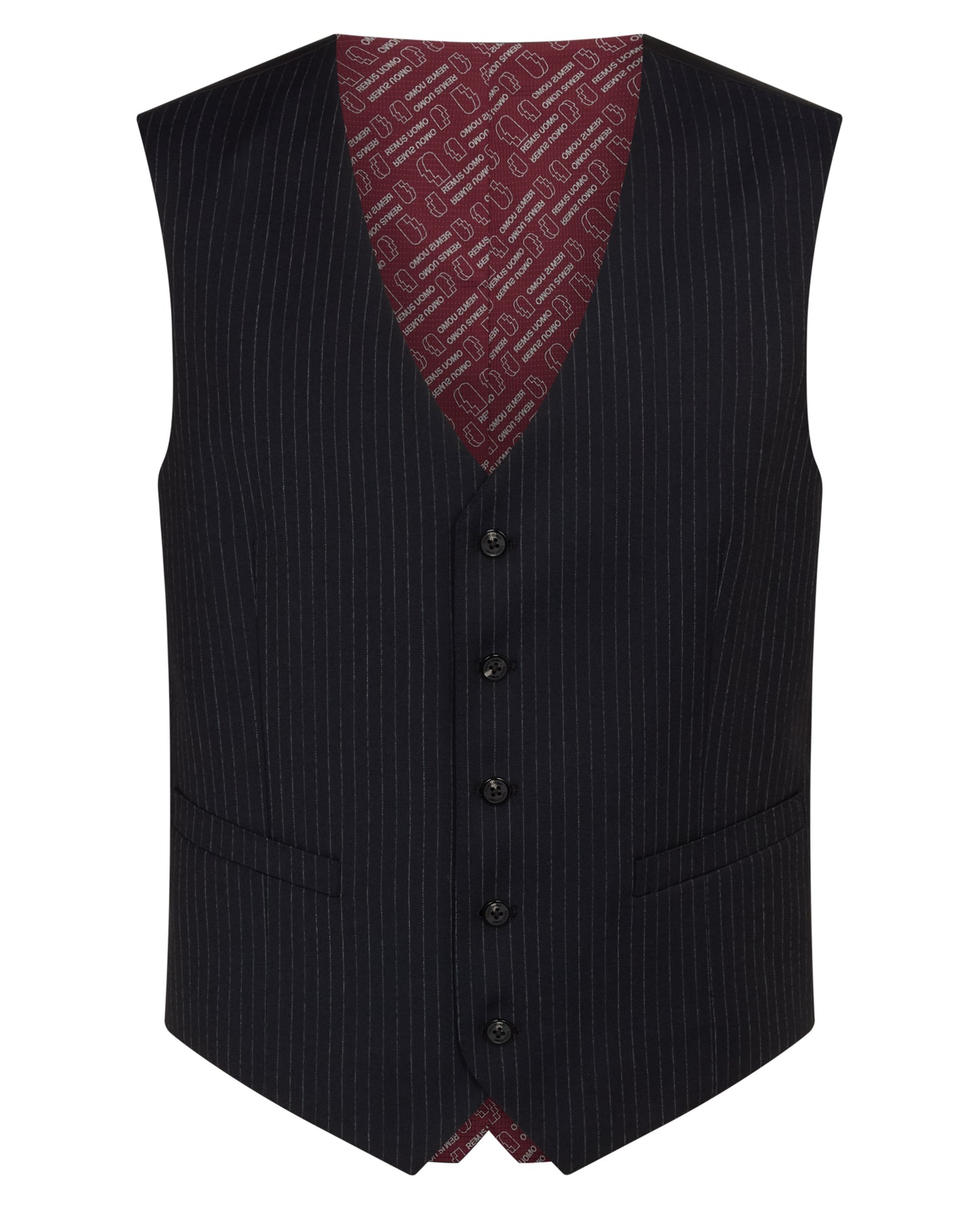 Man wearing a navy Tapered Wool Rich Stretch Mix and Match Waistcoat
