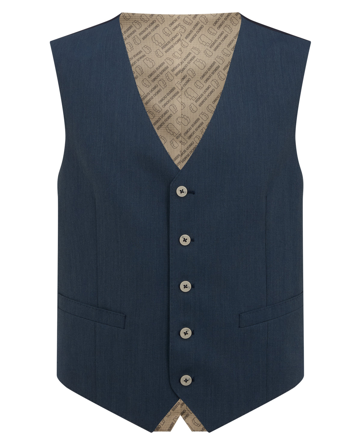 Man wearing a blue Tapered fit wool blend stretch mix and match suit waistcoat