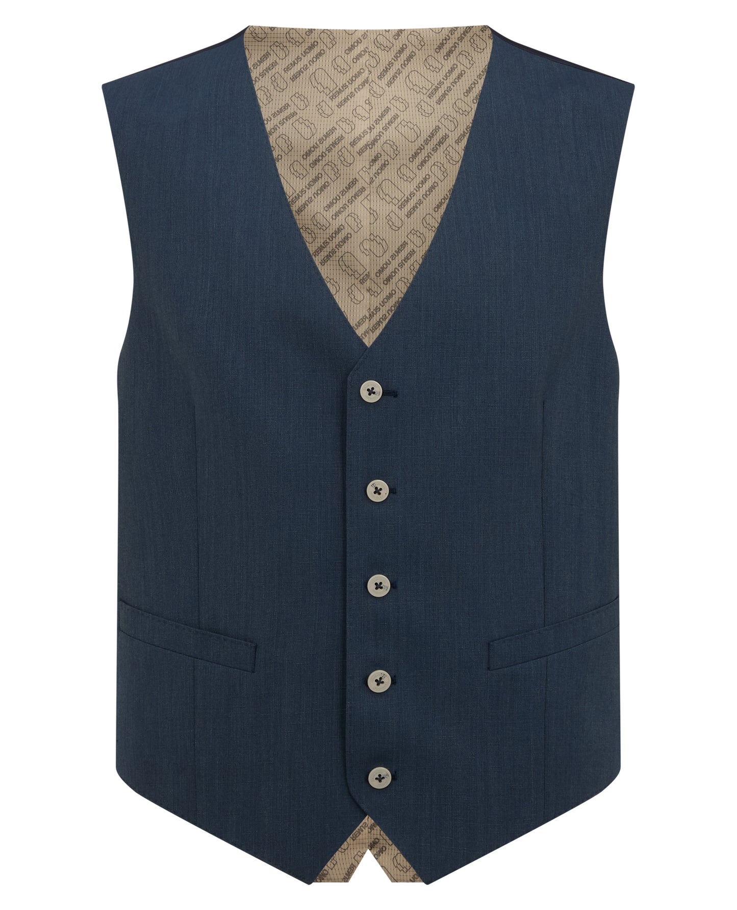 Man wearing a blue Tapered fit wool blend stretch mix and match suit waistcoat