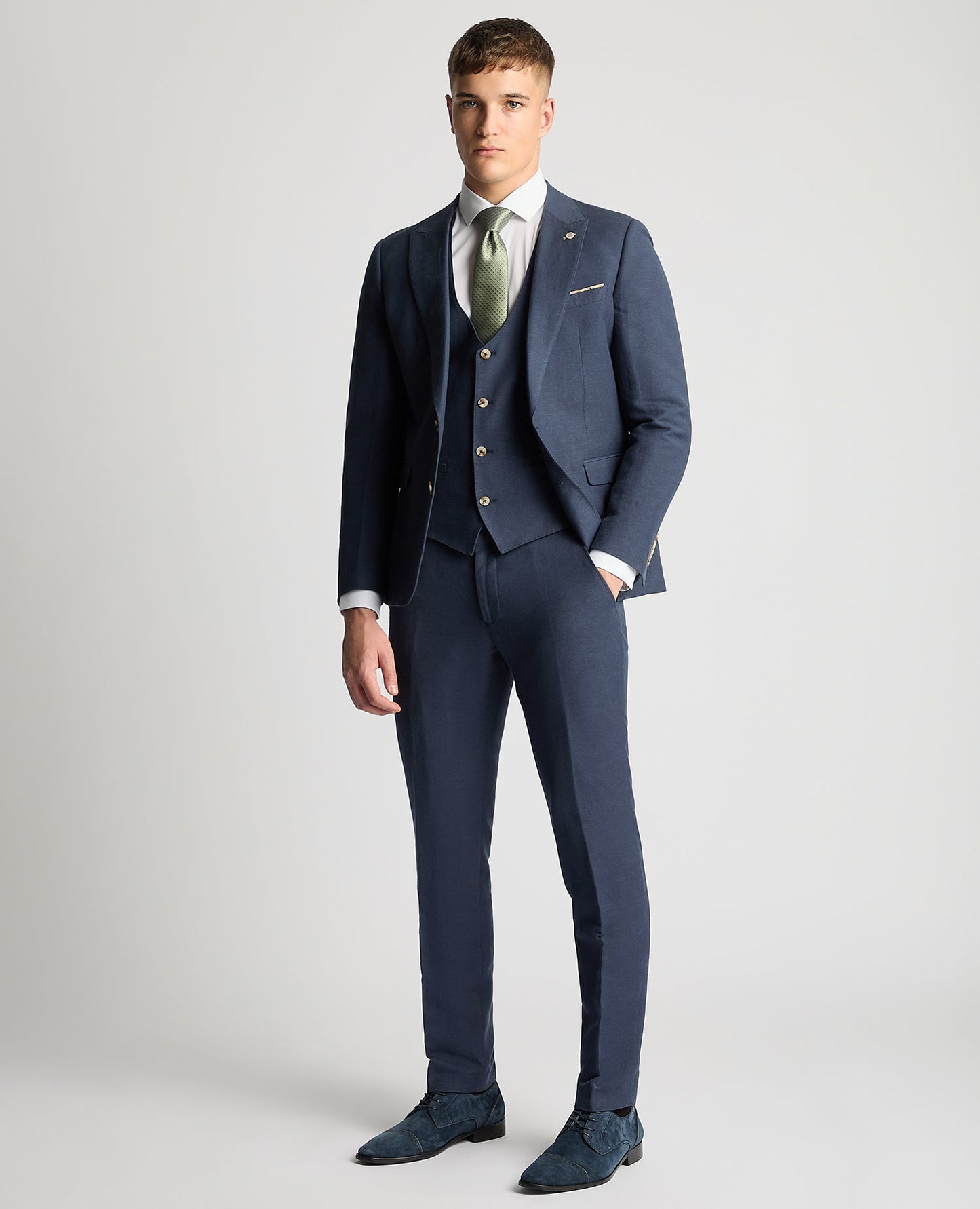 Man wearing a blue Slim Fit Linen-Blend Waistcoat