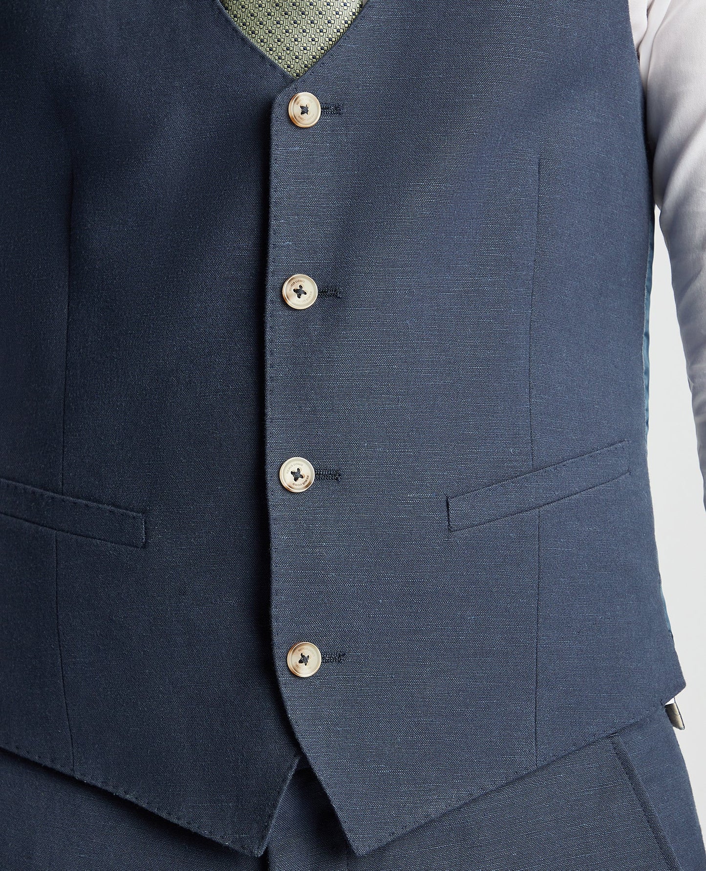 Man wearing a blue Slim Fit Linen-Blend Waistcoat