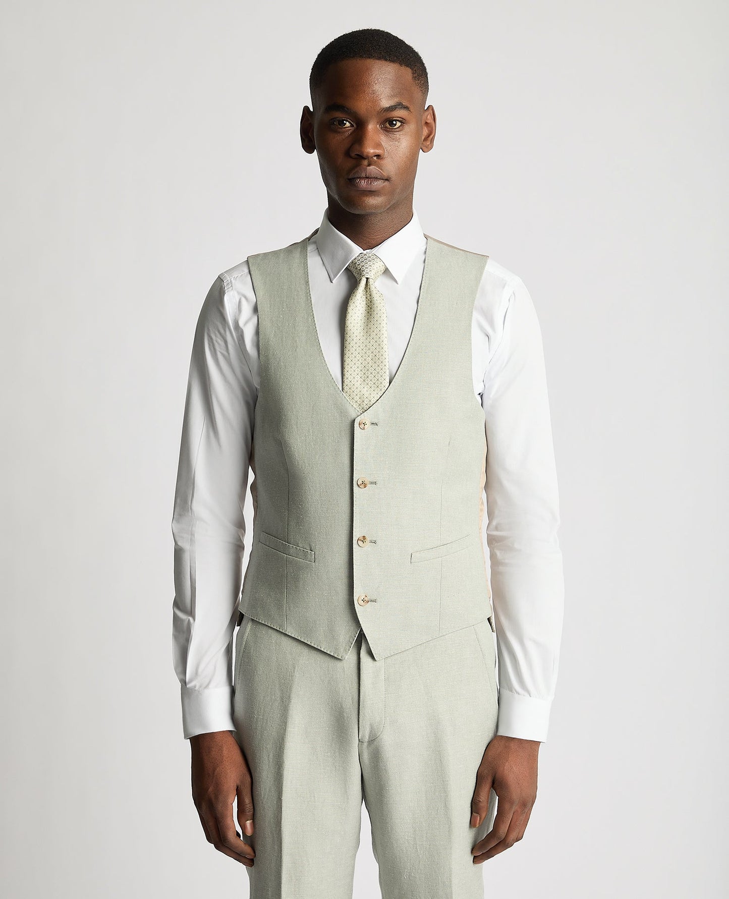 Man wearing a green Slim Fit Linen-Blend Waistcoat