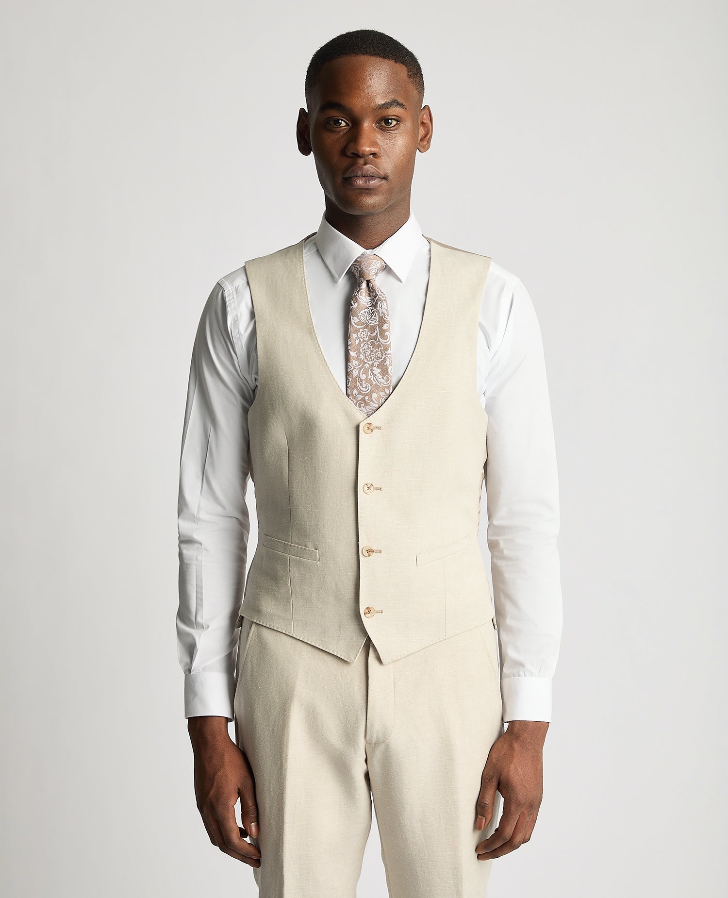 Man wearing a sand Slim Fit Linen-Blend Waistcoat