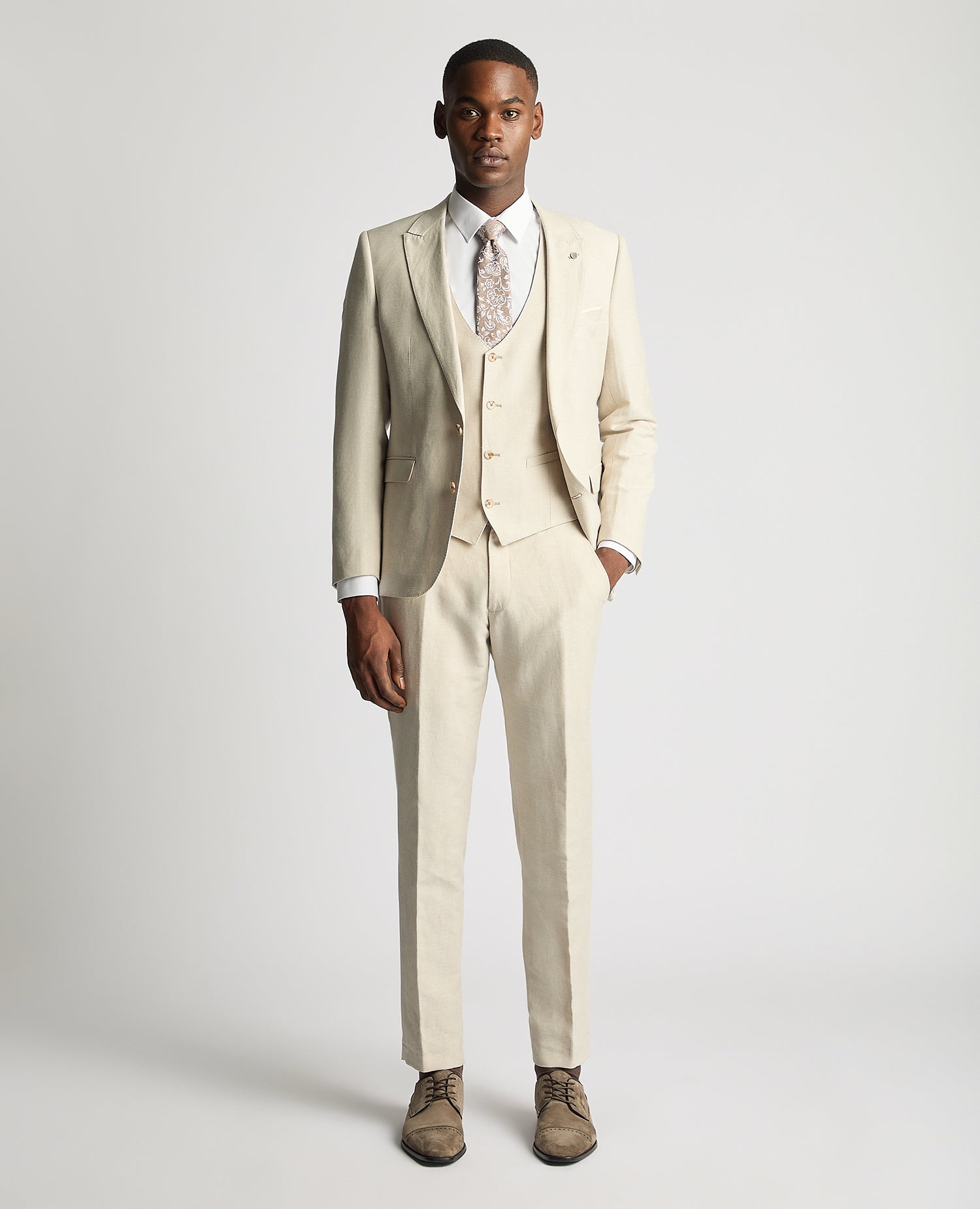 Man wearing a sand Slim Fit Linen-Blend Waistcoat