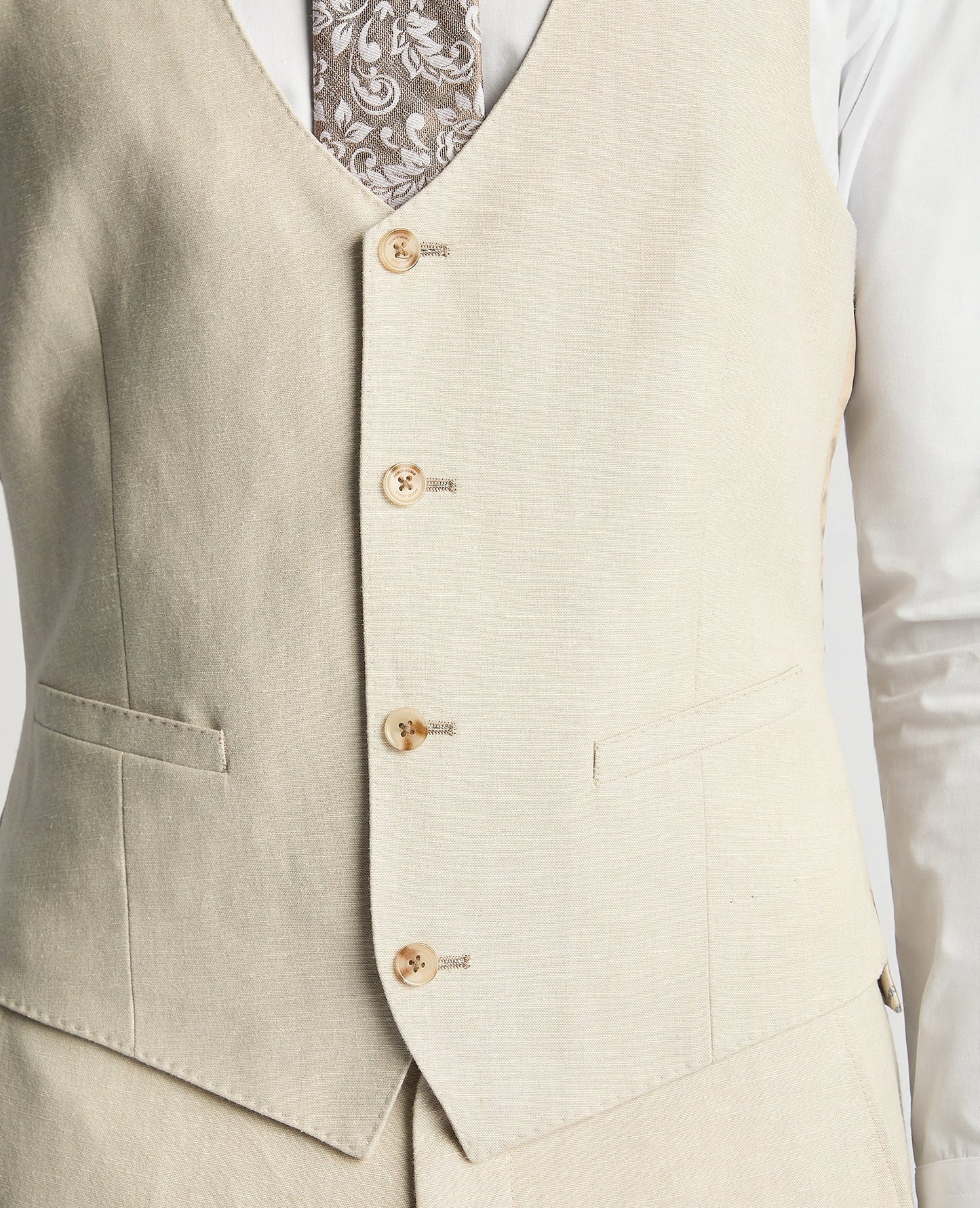 Man wearing a sand Slim Fit Linen-Blend Waistcoat