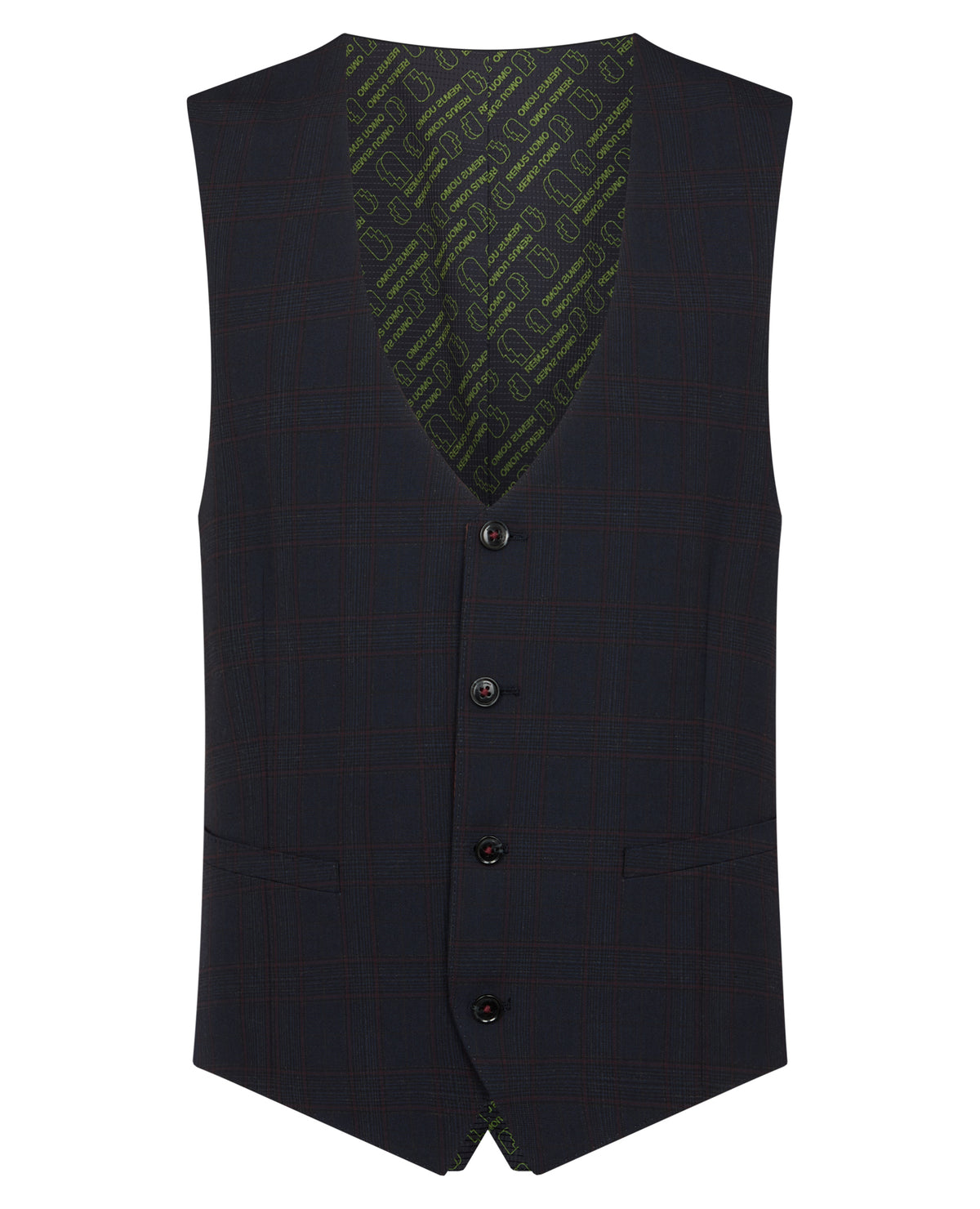 Man wearing a navy Slim FIt checked Stretch Waistcoat