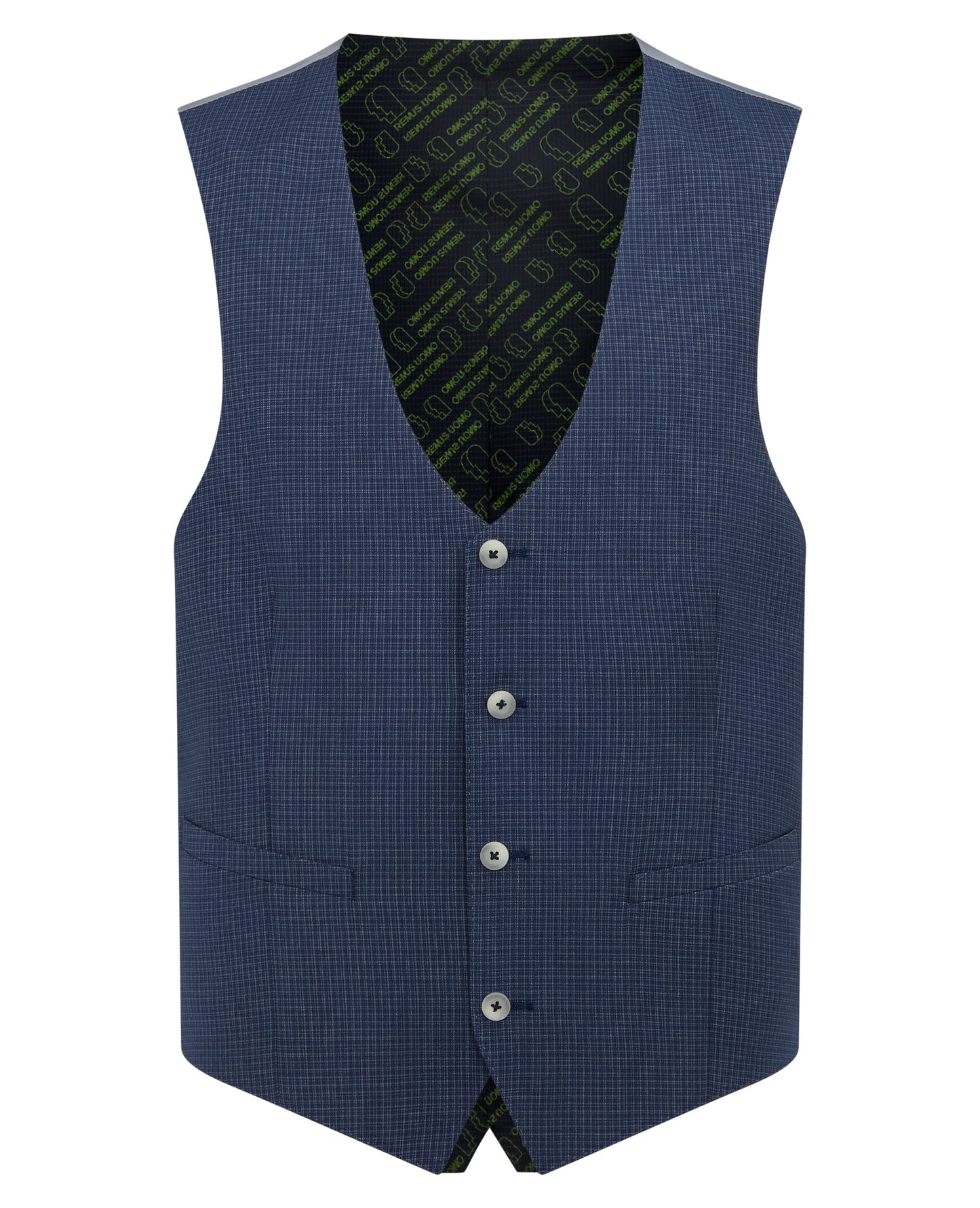 Man wearing a blue Slim fit checked polyviscose stretch waistcoat