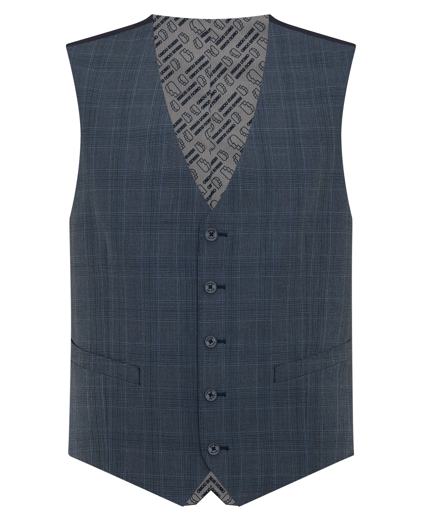 Man wearing a blue Tapered Fit Checked Stretch Waistcoat