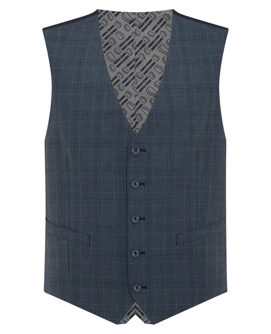 Man wearing a blue Tapered Fit Checked Stretch Waistcoat