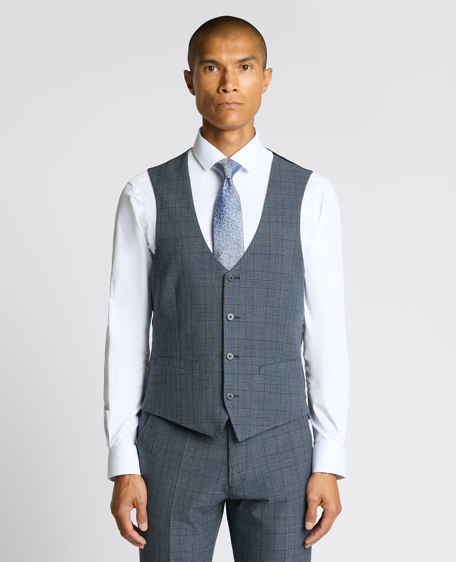 Man wearing a blue Slim Fit Check Waistcoat
