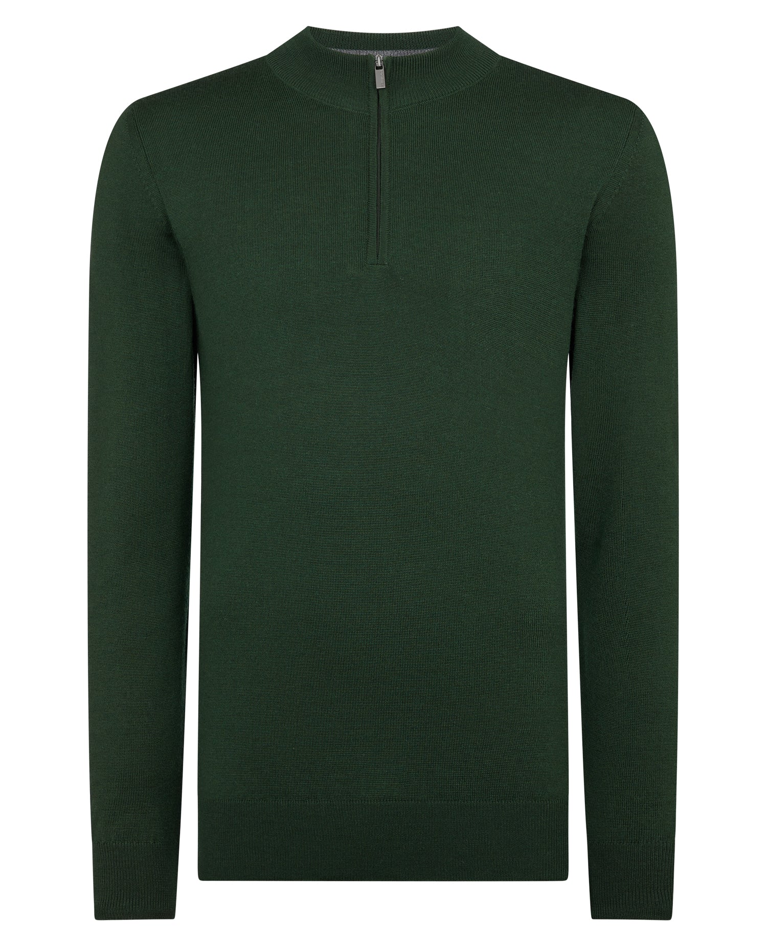 Man wearing a green Tapered Fit Merino Wool-Blend Half Zip Sweater