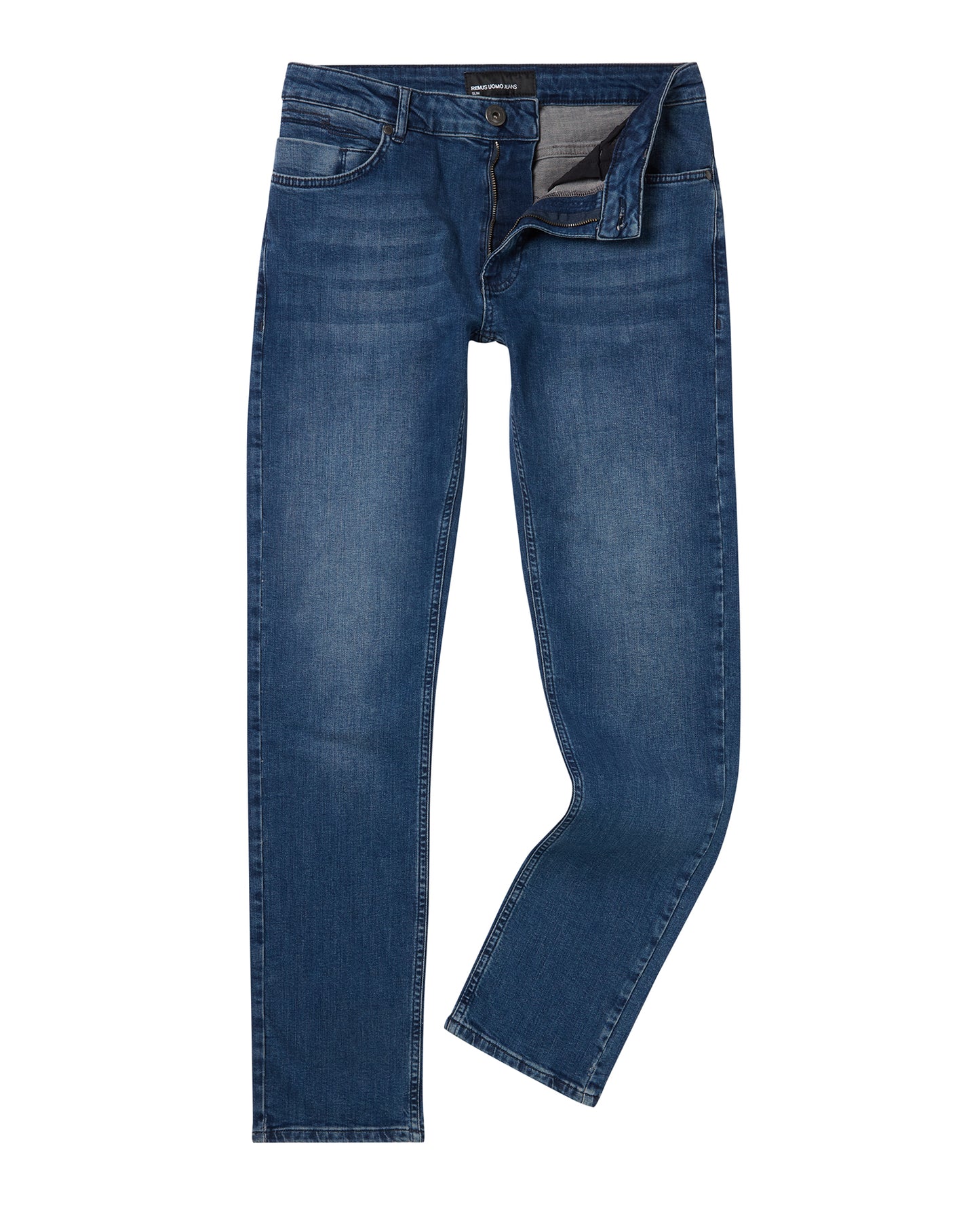 Man wearing a blue Apollo Slim Leg Cotton Power Stretch Jeans