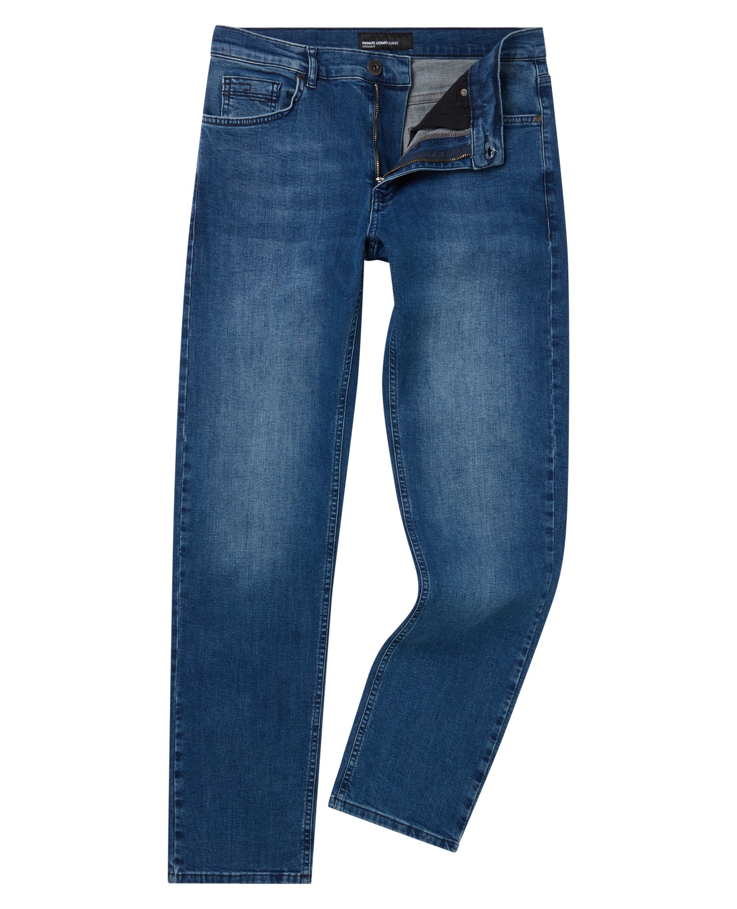 Man wearing a blue Rogan Straight Leg Eco Cotton-Stretch Jeans