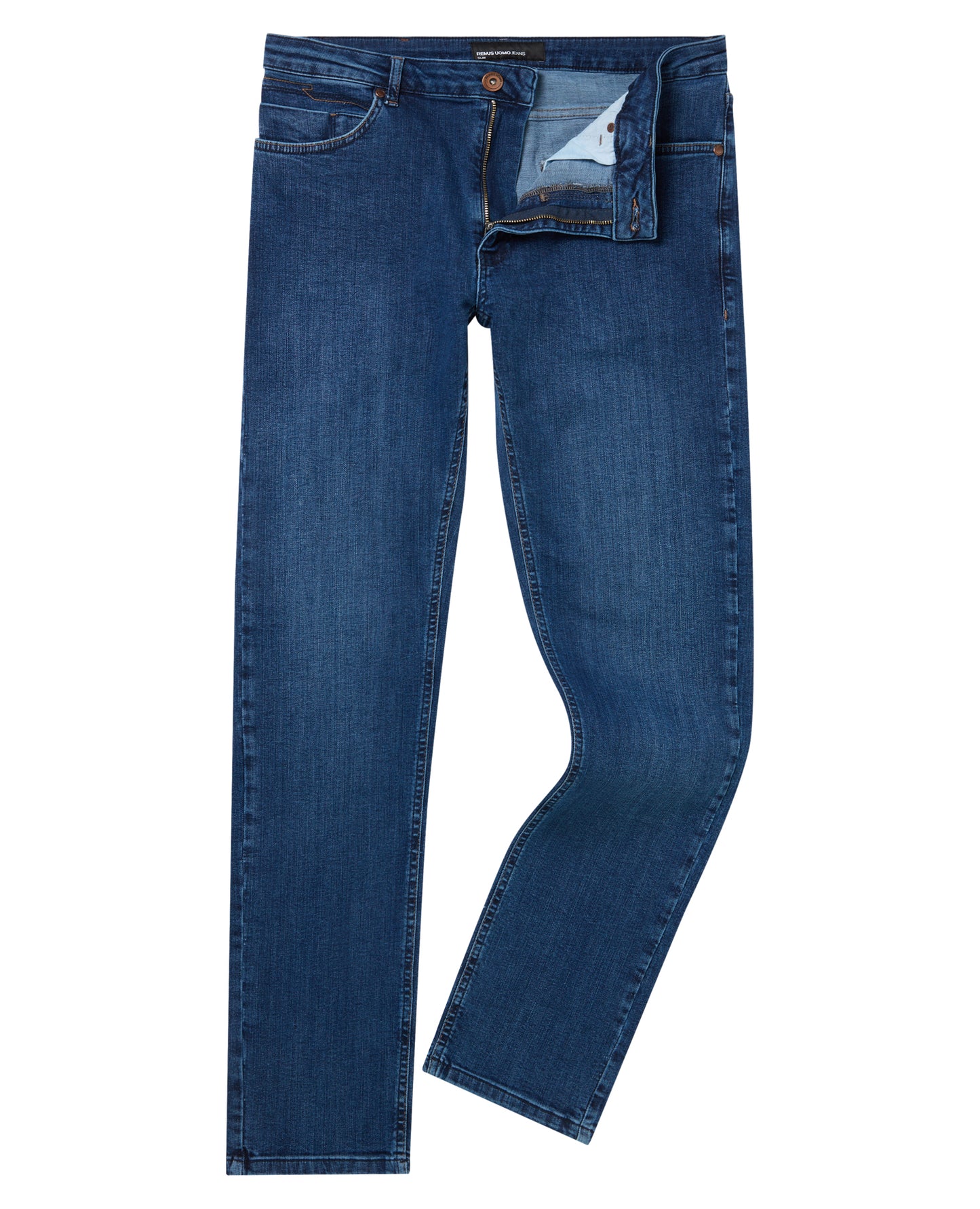 Man wearing a blue Apollo Slim Leg Cotton Stretch Jean