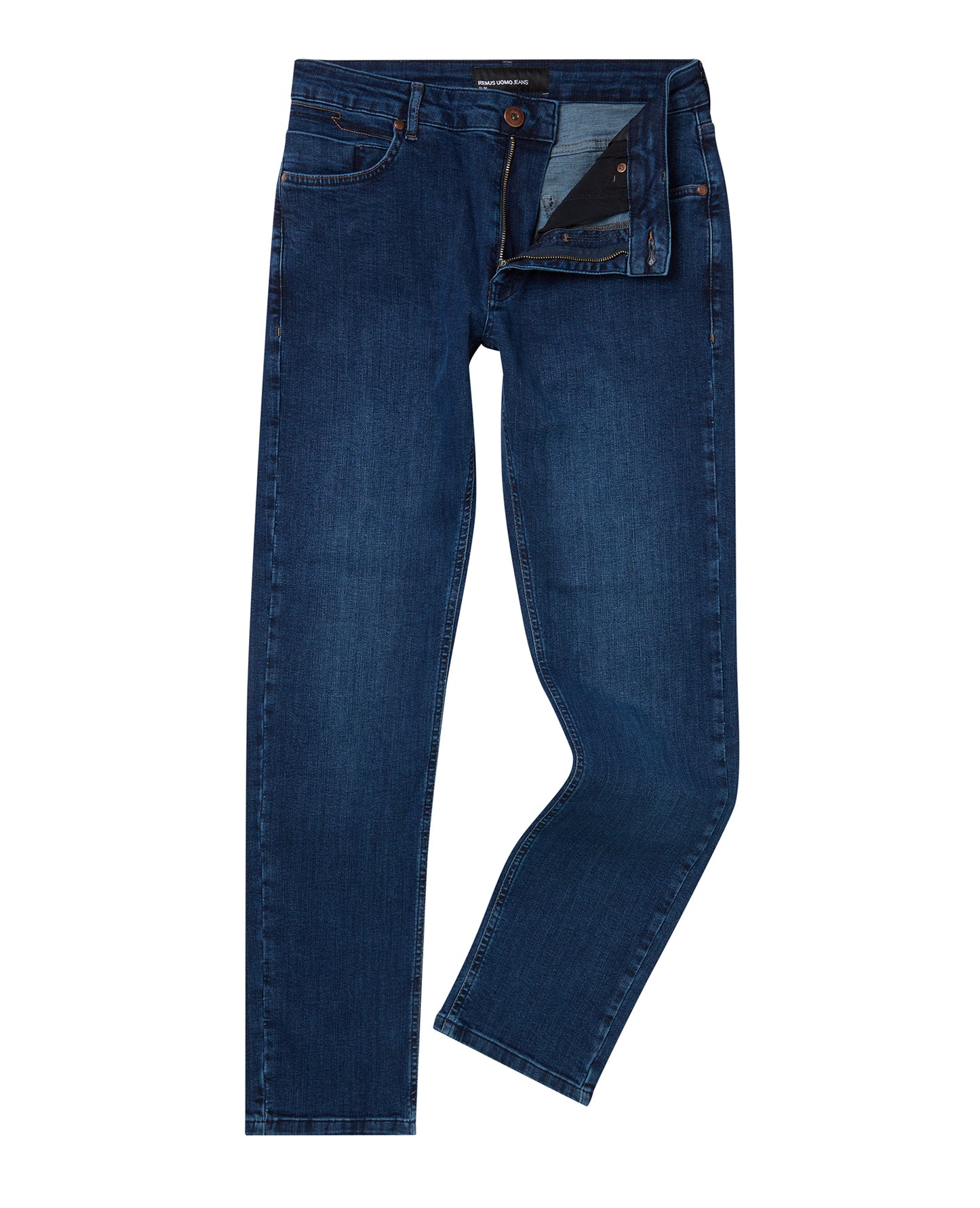 Man wearing a navy Apollo Slim Leg Cotton Stretch Jean