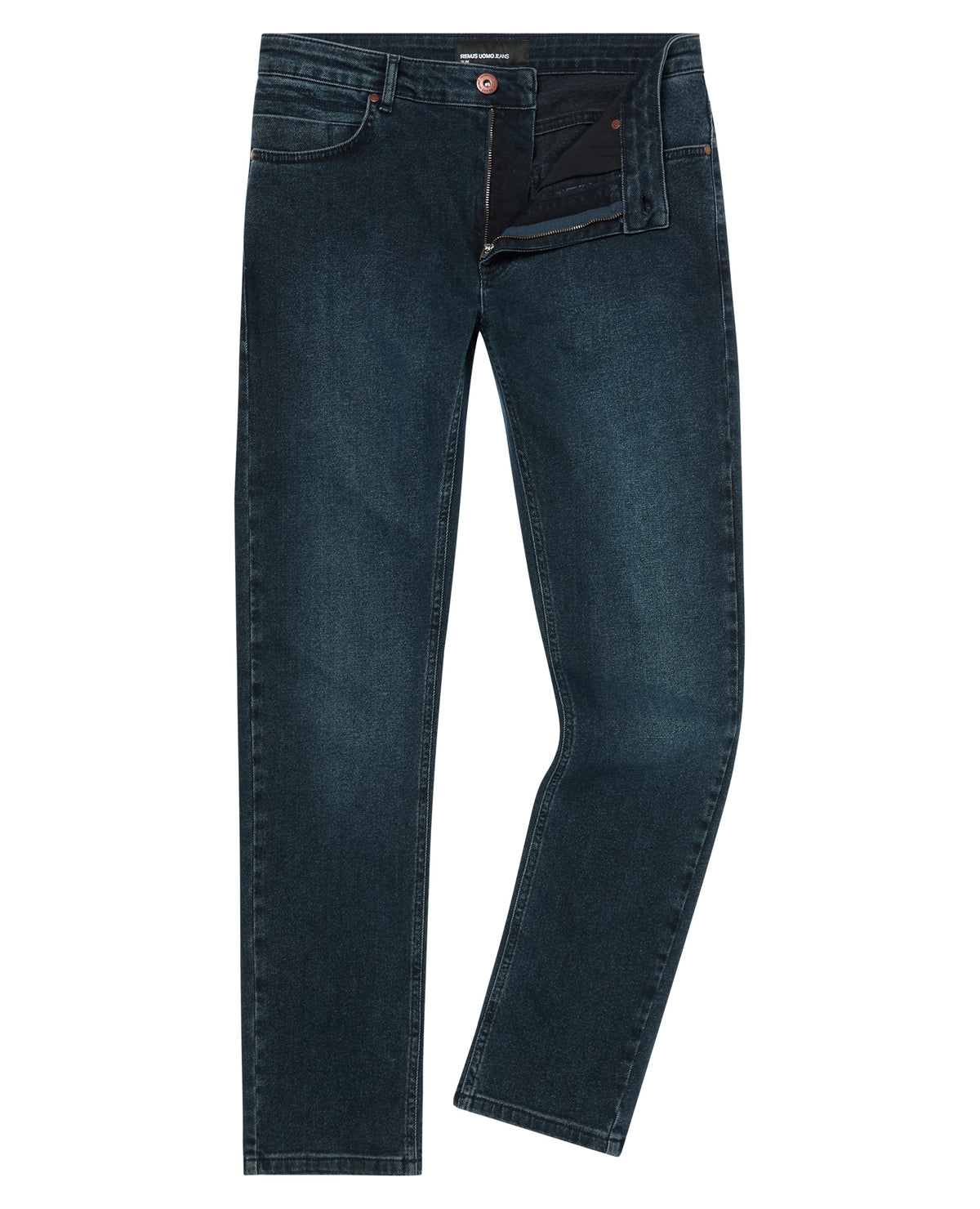Man wearing a navy Apollo Slim Leg Power Stretch Jeans