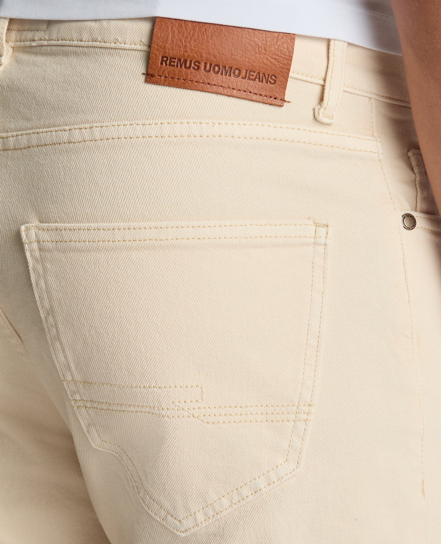 Man wearing a sand Roman Modern Straight Fit Cotton-Stretch Jean