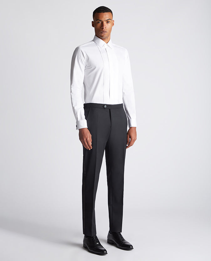 Man wearing a black Slim Fit Satin Stripe Suit Trouser