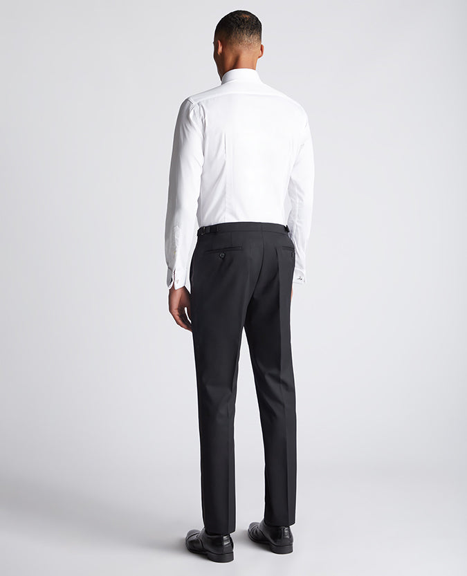 Man wearing a black Slim Fit Satin Stripe Suit Trouser