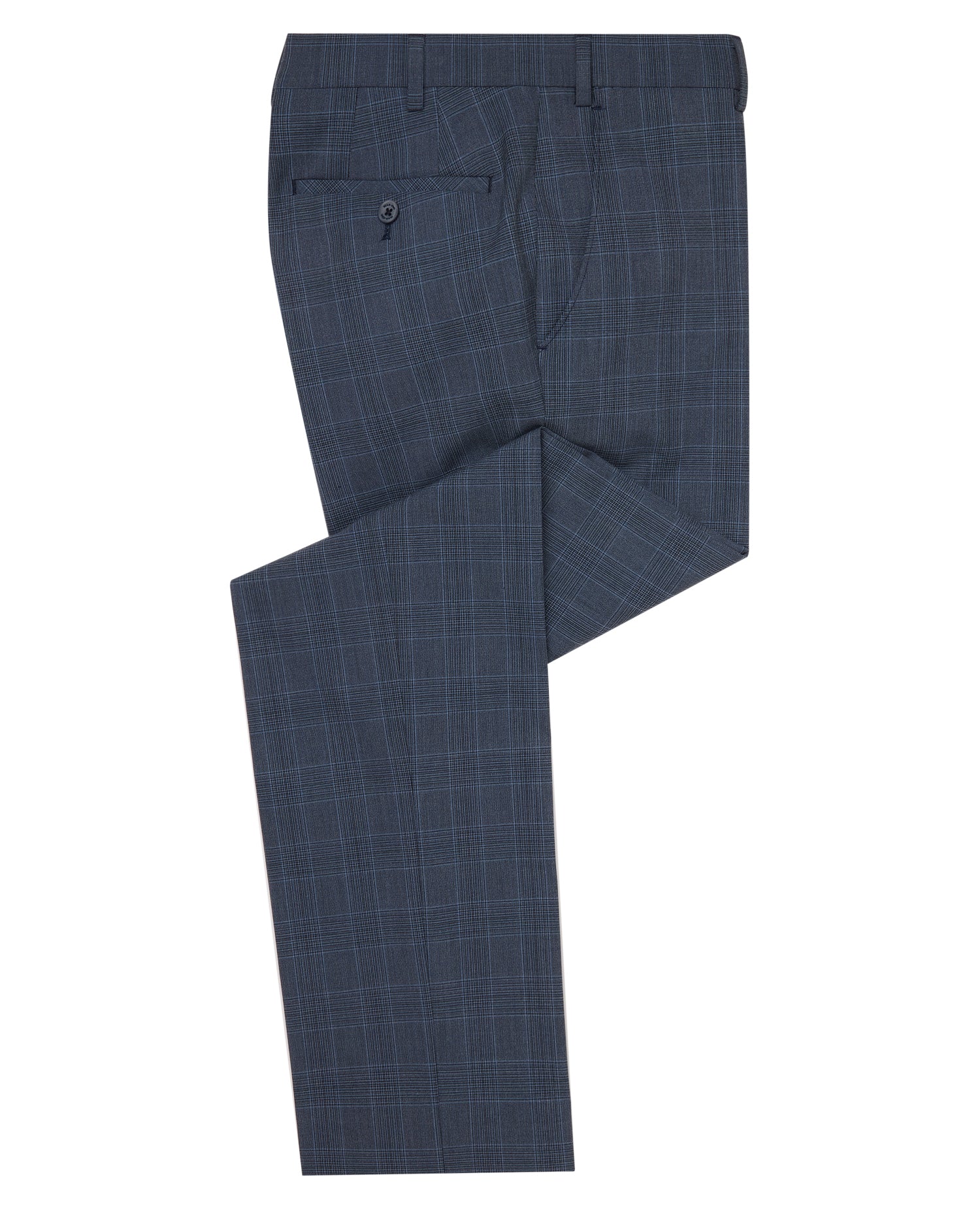 Man wearing a blue Tapered Fit Checked Stretch Formal Trousers