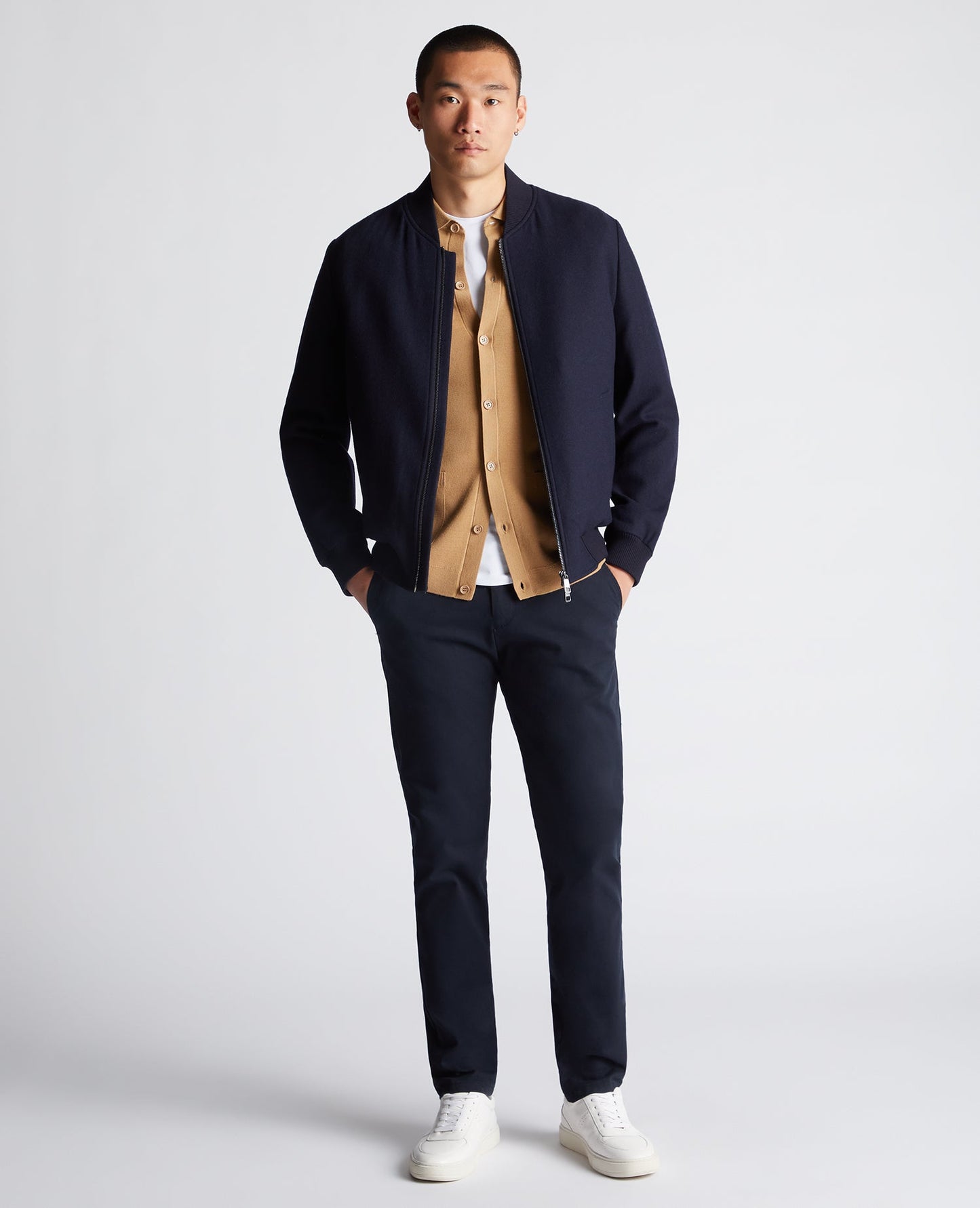 Man wearing a navy Regular Fit Wool-Blend Bomber Jacket