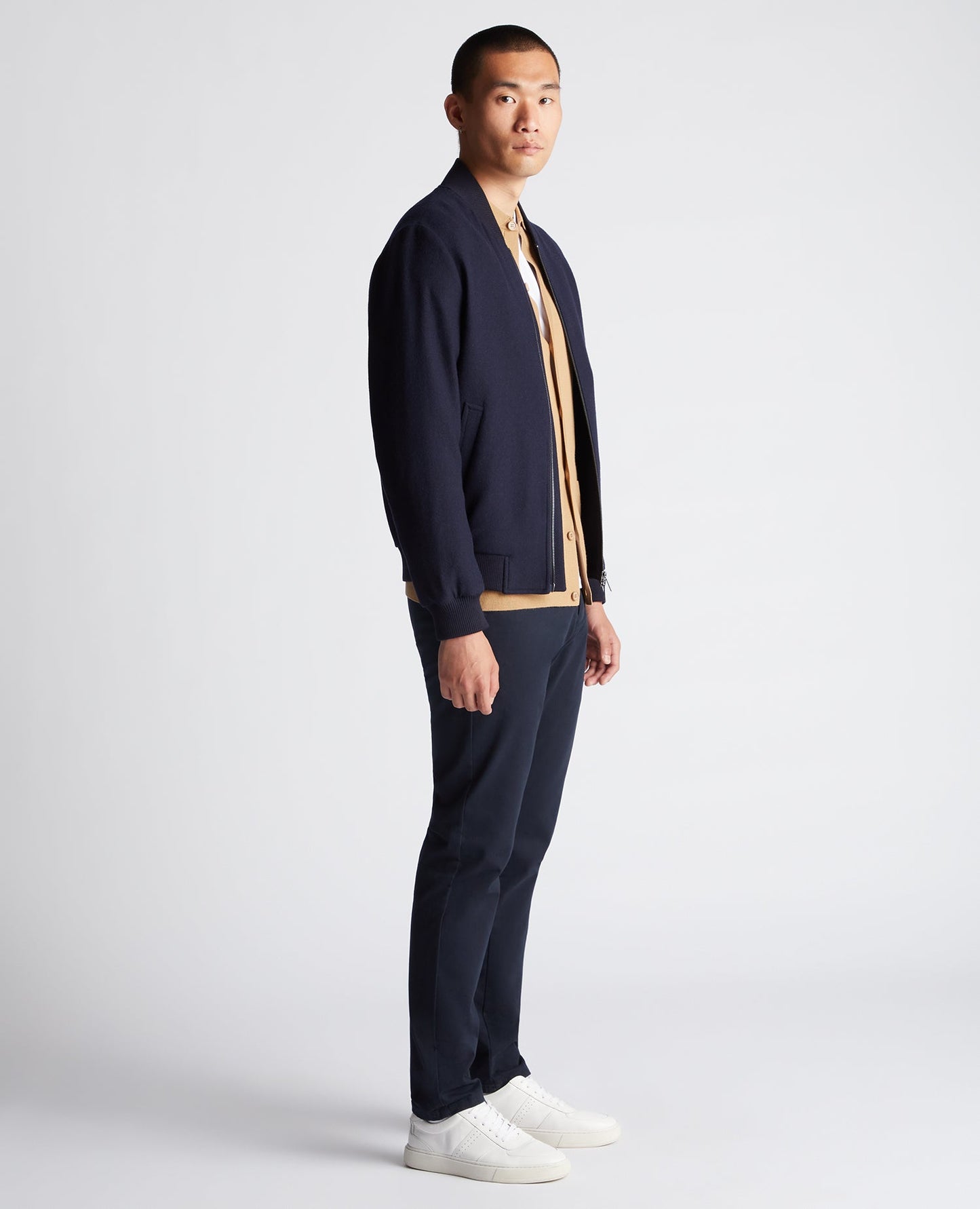 Man wearing a navy Regular Fit Wool-Blend Bomber Jacket