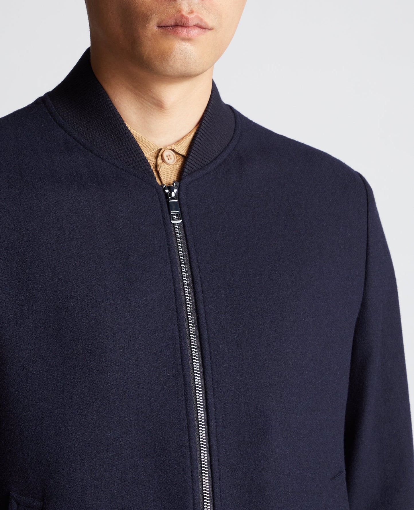Man wearing a navy Regular Fit Wool-Blend Bomber Jacket