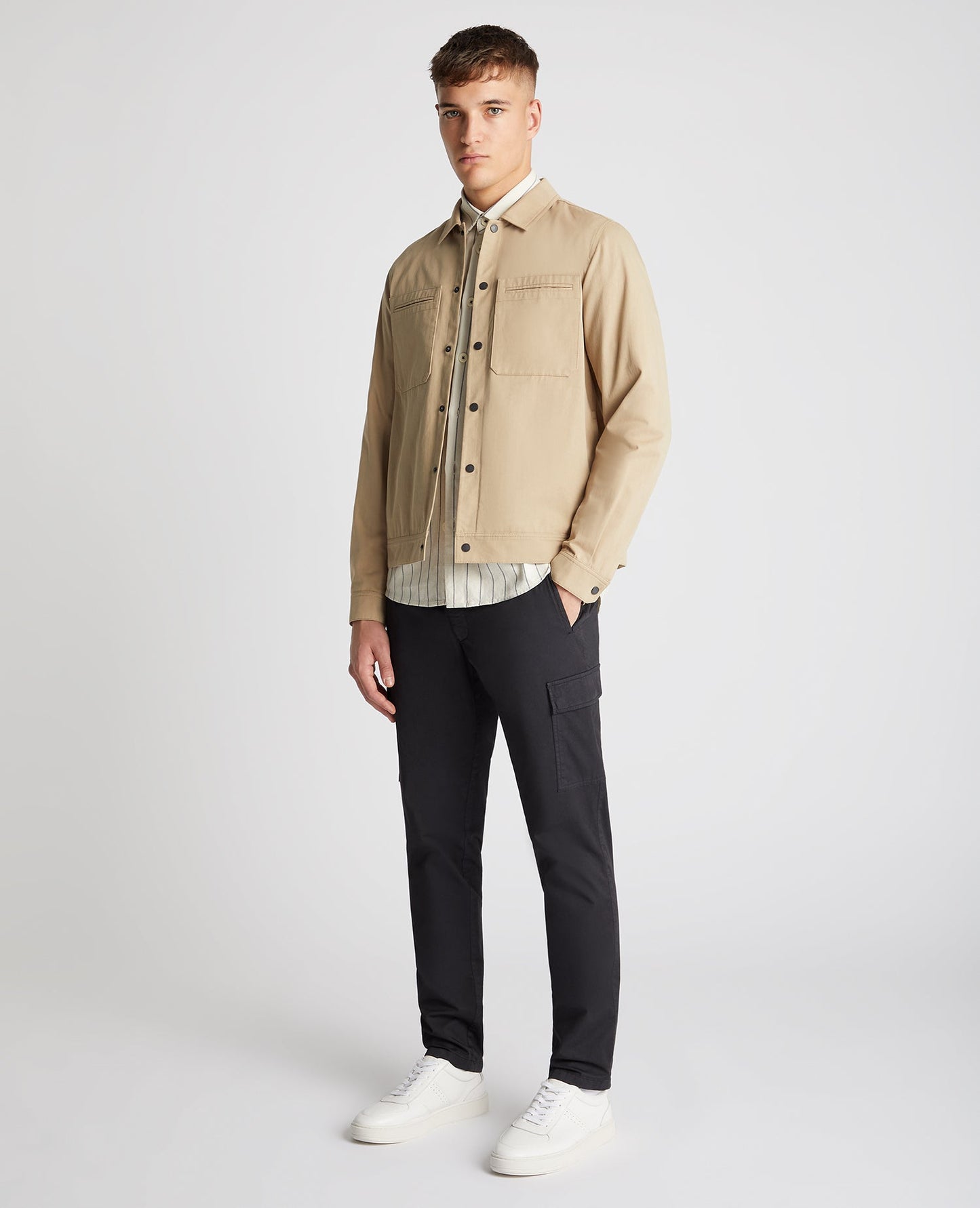 Man wearing a sand Regular Fit Cotton Twill Utility Jacket