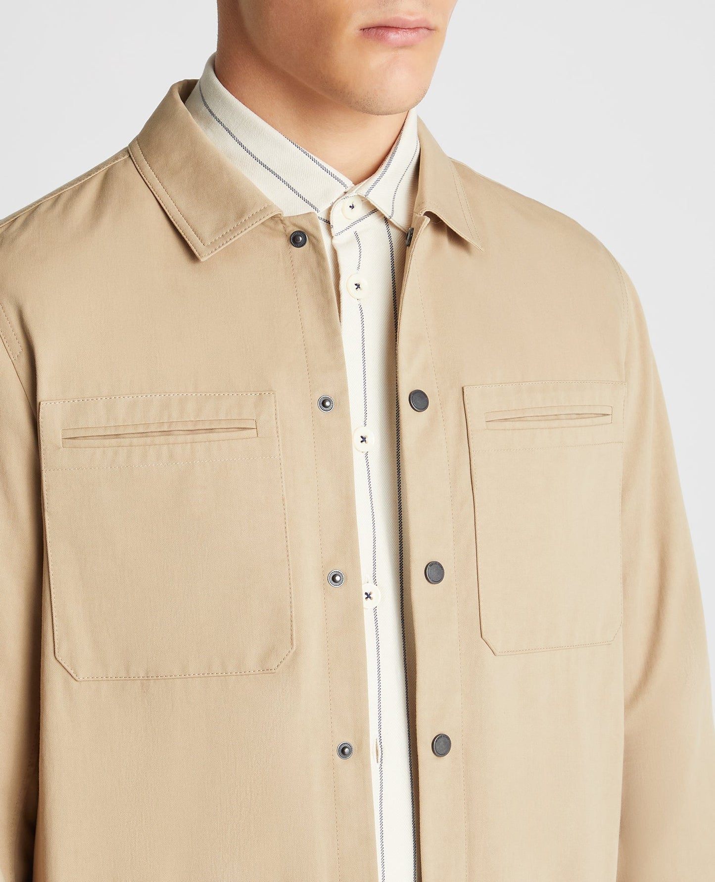 Man wearing a sand Regular Fit Cotton Twill Utility Jacket