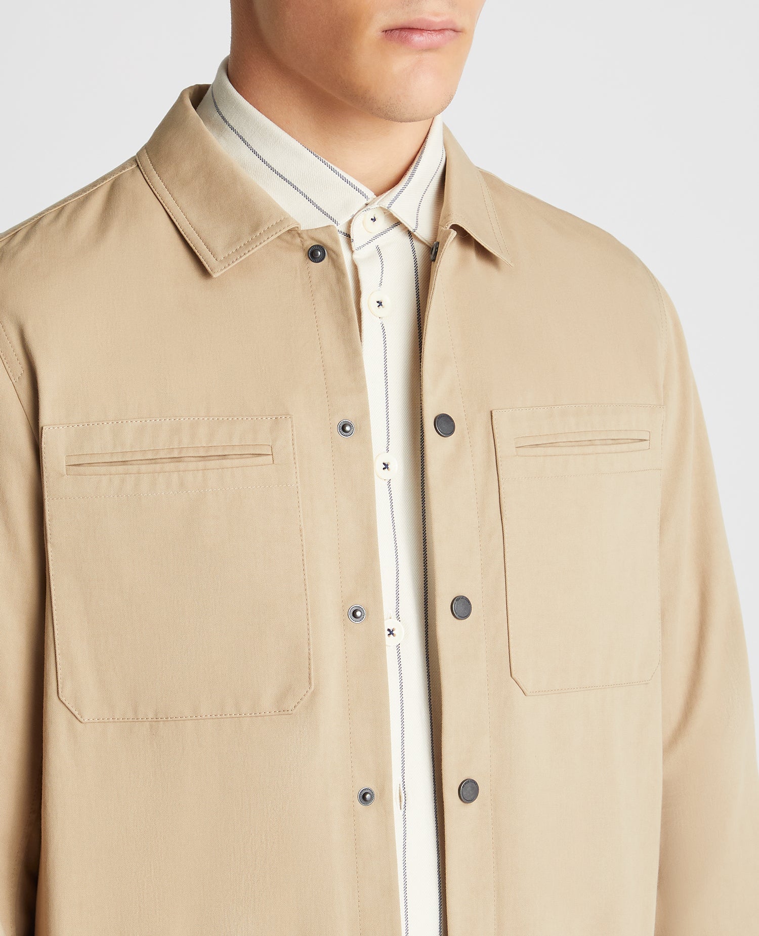Man wearing a sand Regular Fit Cotton Twill Utility Jacket