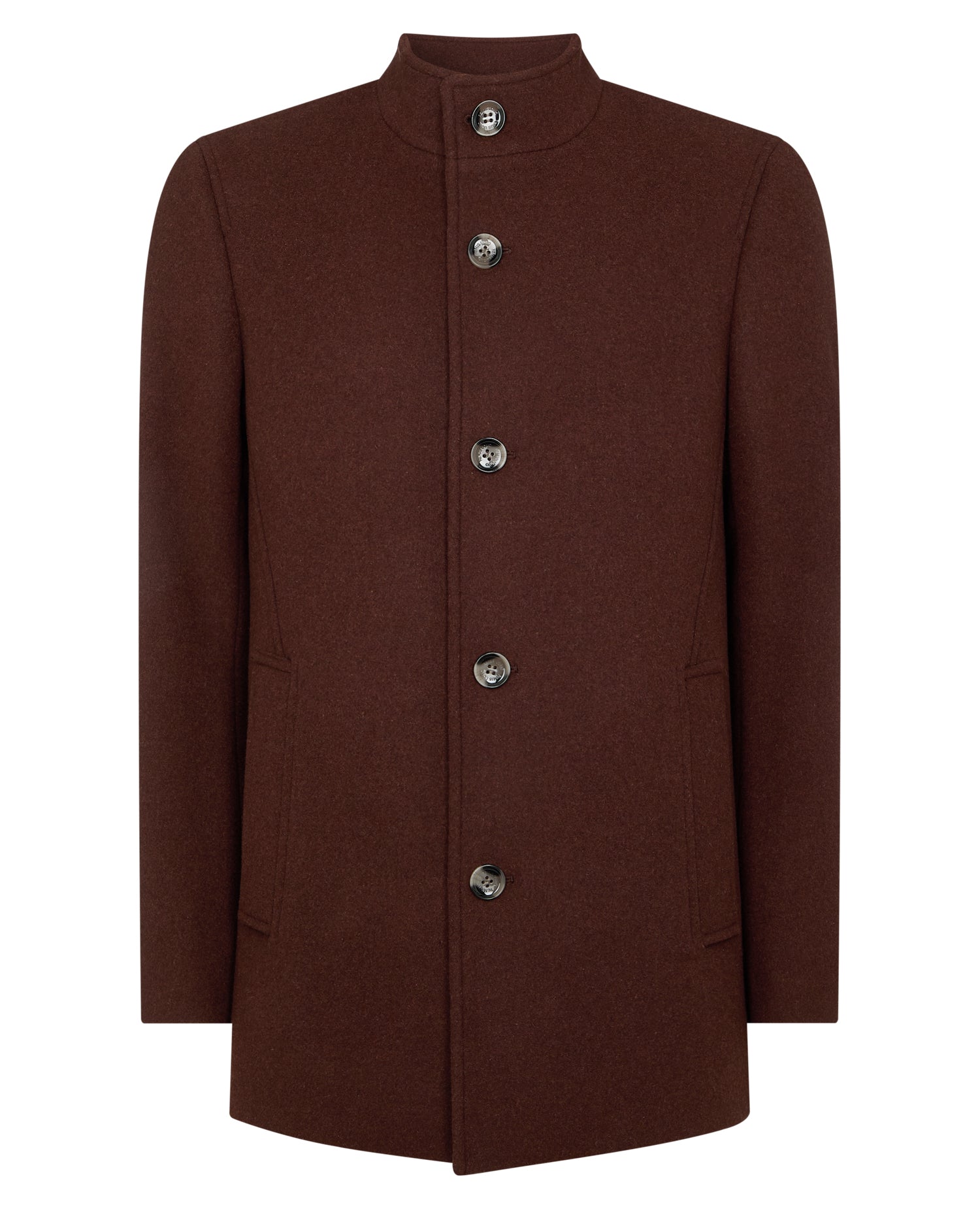 Man wearing a red Jonah Tailored Fit Wool Blend Overcoat