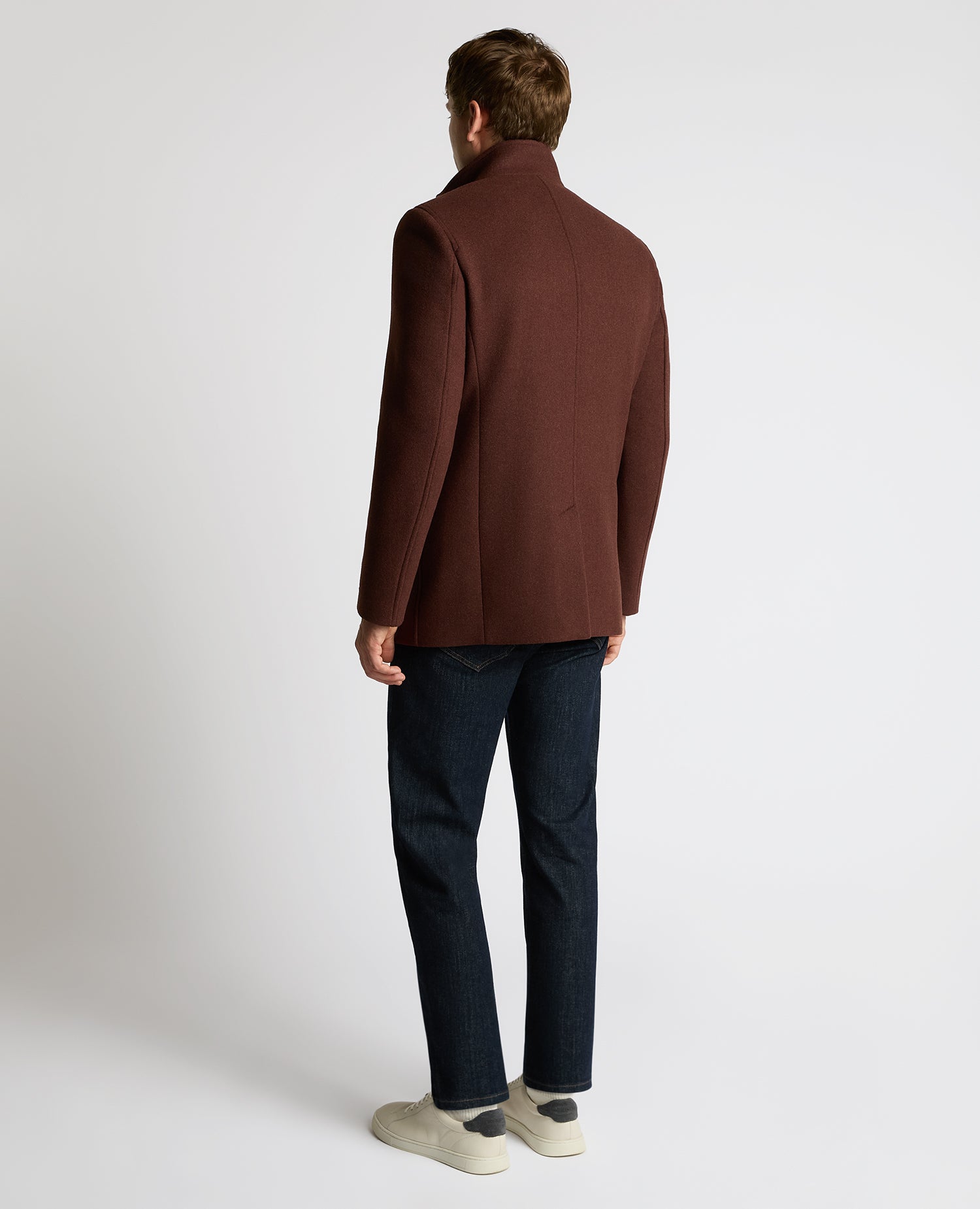 Man wearing a red Jonah Tailored Fit Wool Blend Overcoat