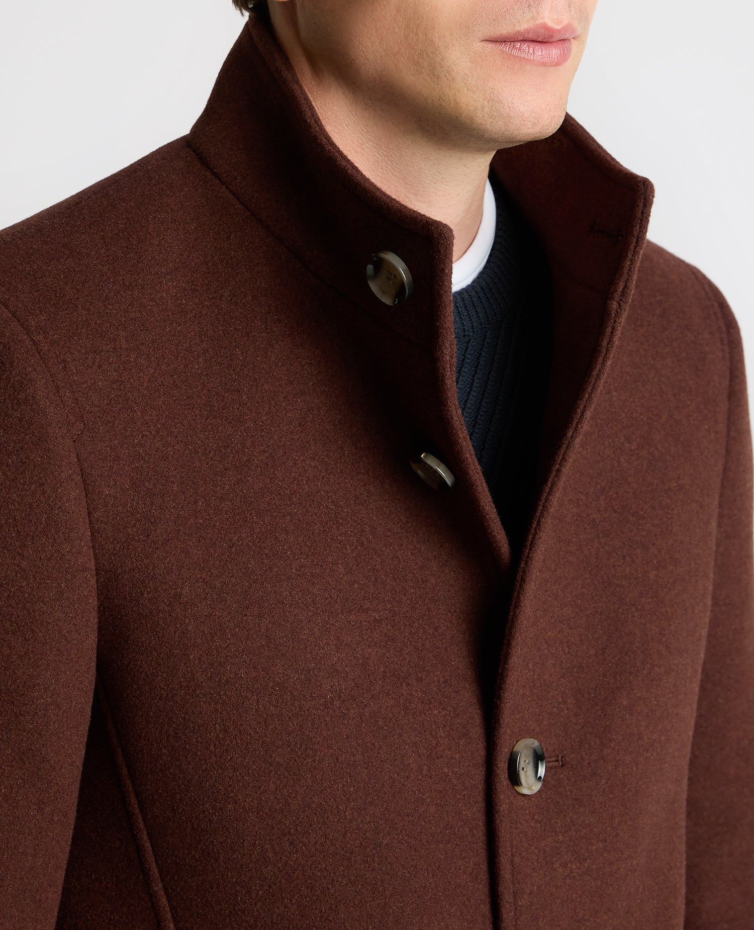 Man wearing a red Jonah Tailored Fit Wool Blend Overcoat
