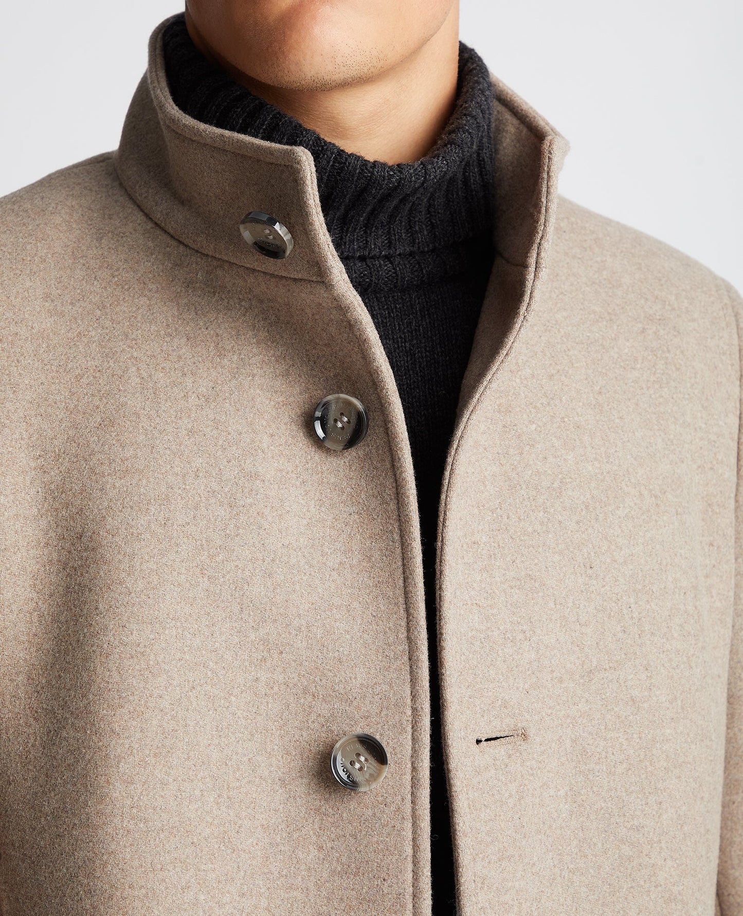 Man wearing a sand Tapered Fit Wool-Blend Tailored Coat