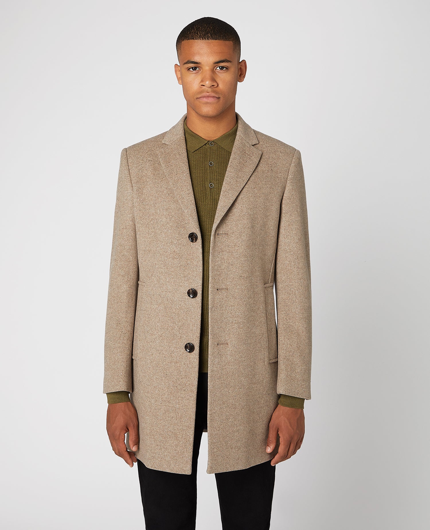 Man wearing a sand Slim Fit Wool-Rich Tailored Coat